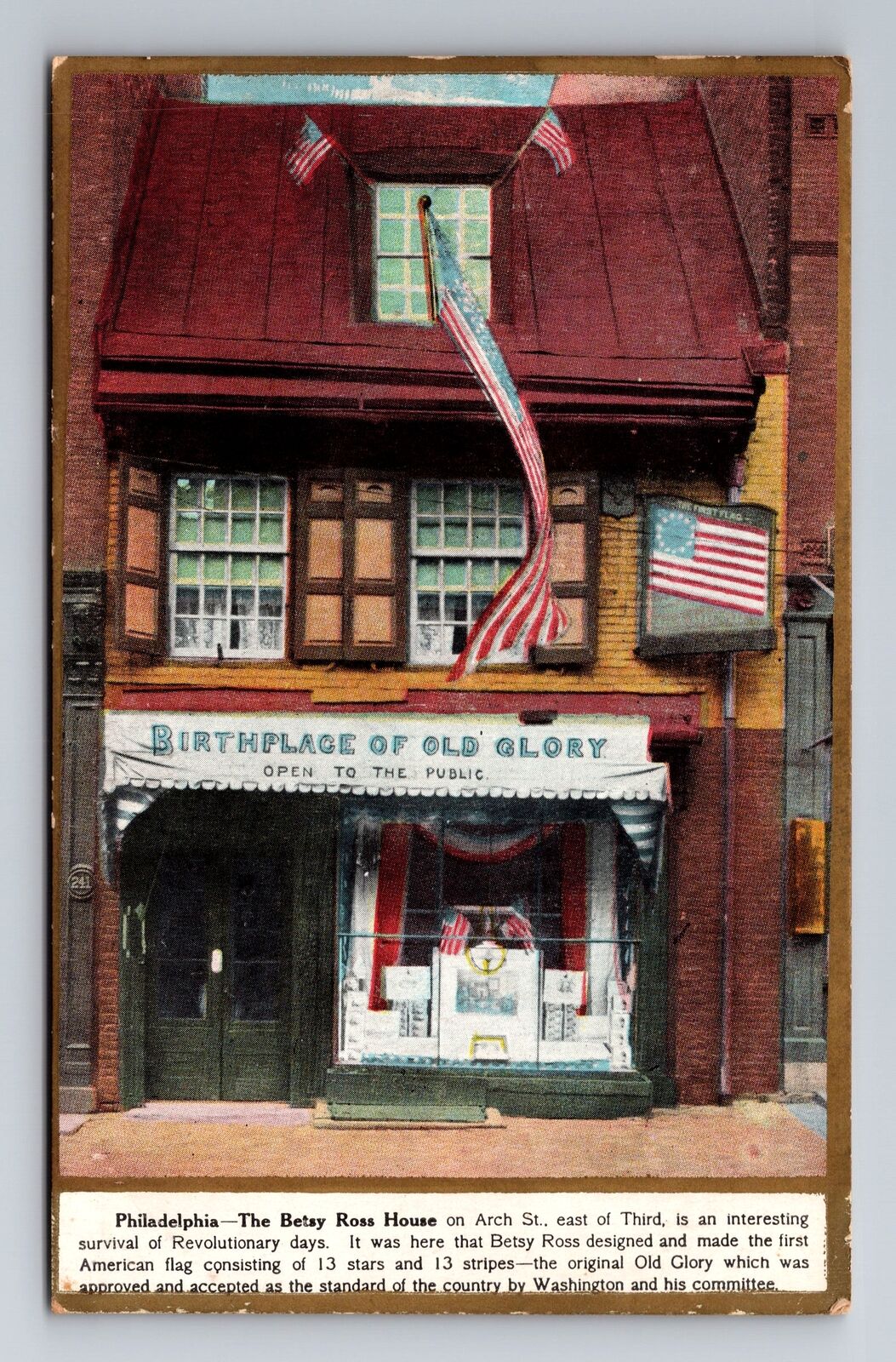 Philadelphia PA-Pennsylvania, Betsy Ross House, Old Glory, Vintage Postcard