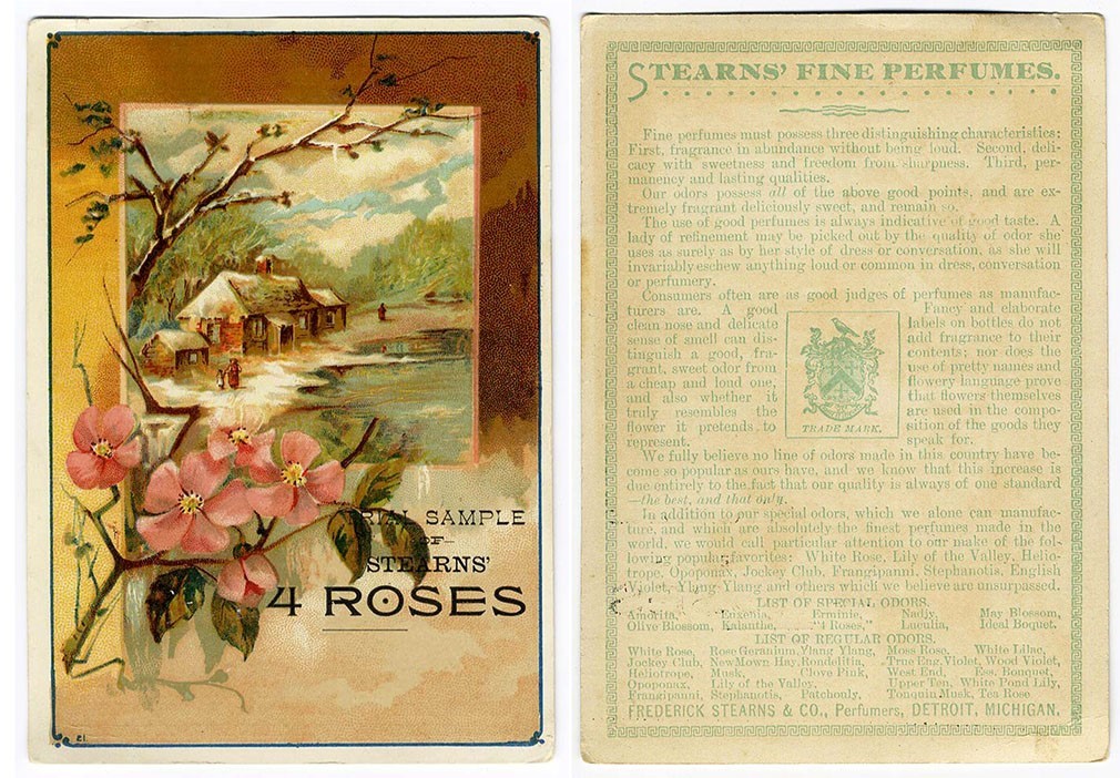 STEARNS FINE PERFUMES Detroit MI Four Roses VICTORIAN Trade Card 1880\'s Flowers