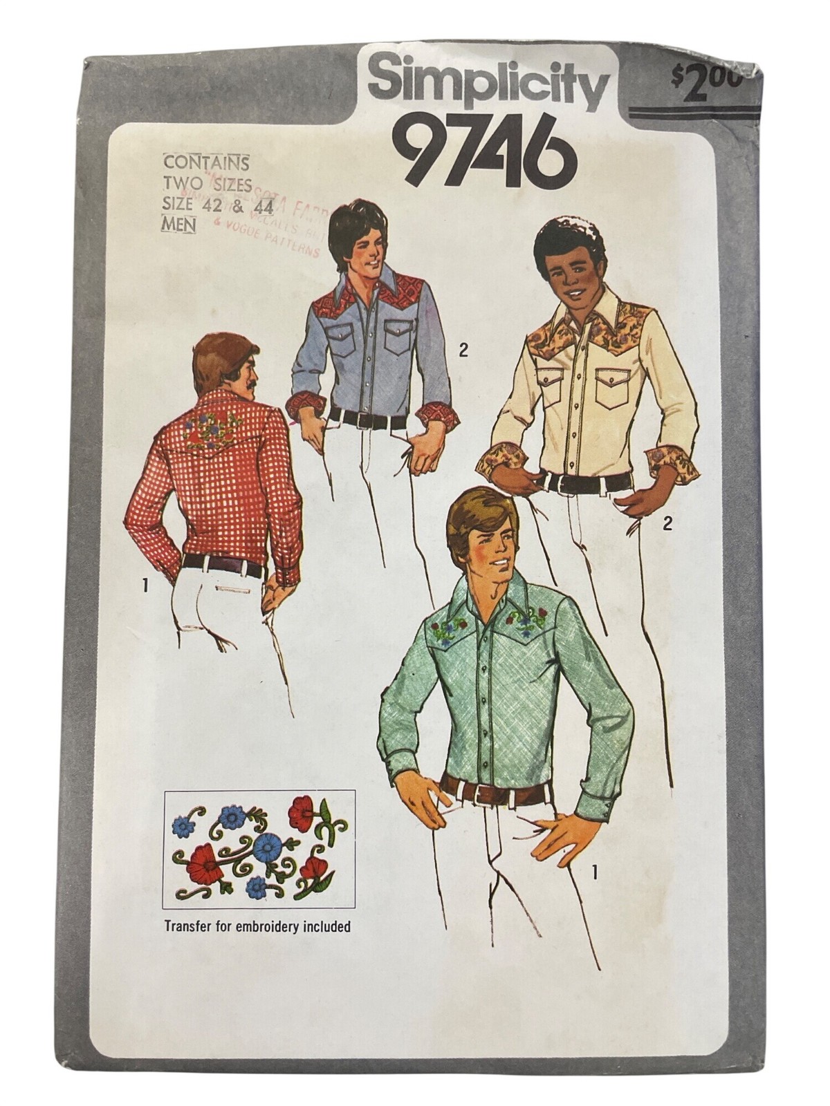 Vintage 80s Simplicity 9746 Sewing Pattern Size 42 & 44 Men\'s Western Shirt CUT