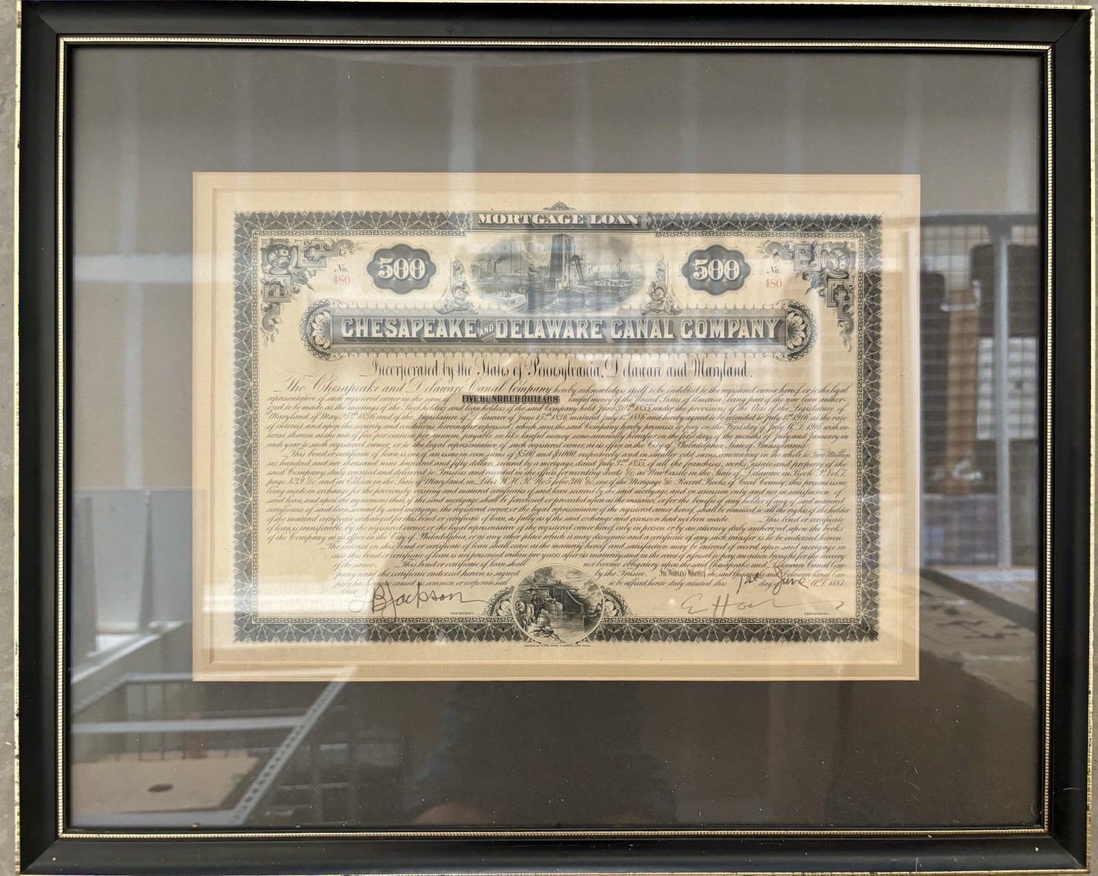 Framed 1887 Chesapeake and Delaware Canal Company $500 Mortgage Loan Bond