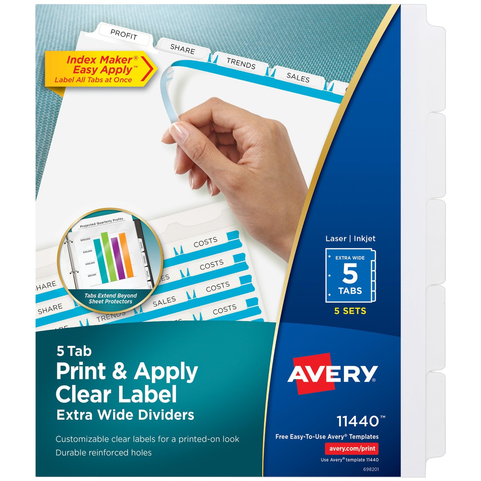 Avery 5-Tab Extra Wide Binder Dividers Easy Clear Label Strip Index Makerwhite