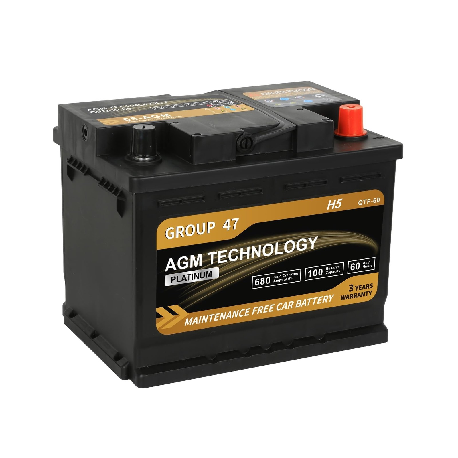 Platinum AGM Car Battery Group Size 47 H5, 12V 60Ah, 680 CCA, 100 RC, Recharg...