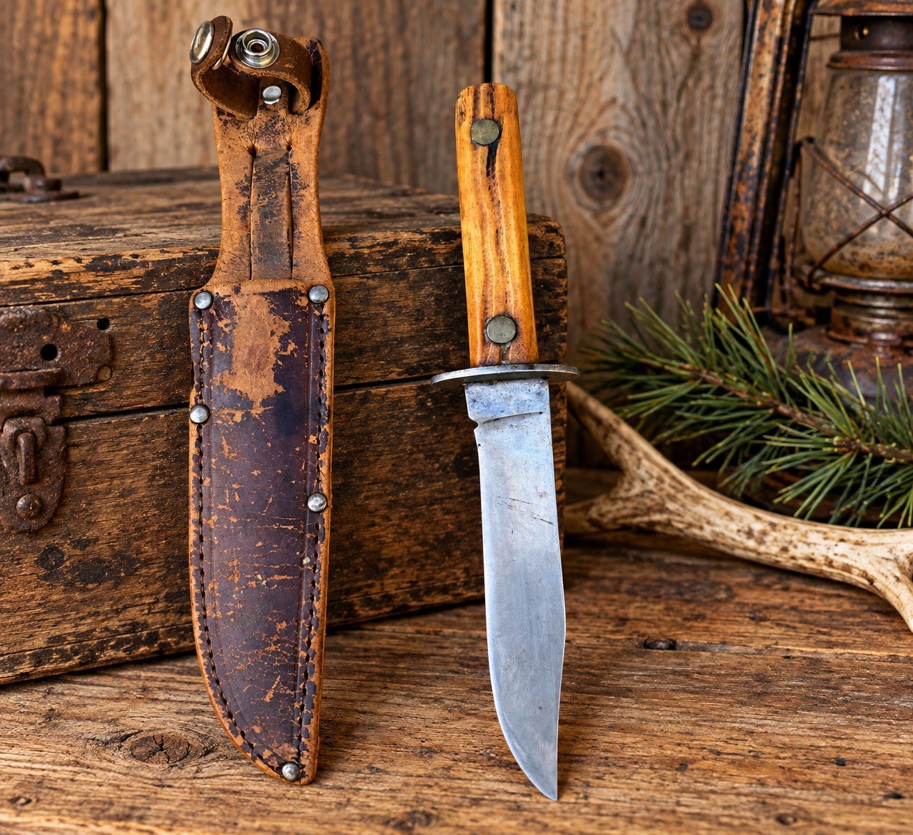 VINTAGE 1940- 50 UTICA SPORTSMAN USA FIXED BLADE KNIFE W/ ORIGINAL SHEATH- VG