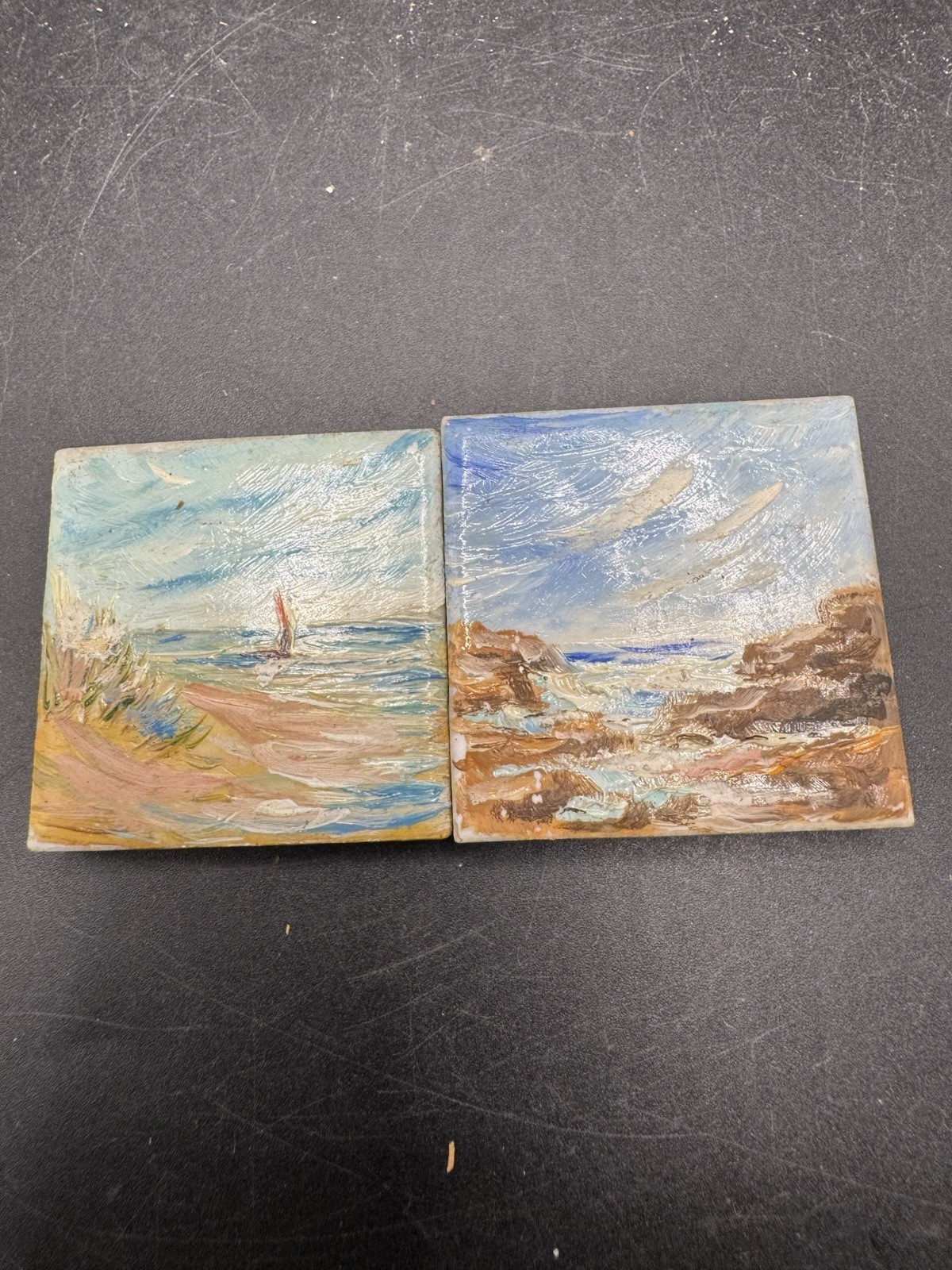 Artisan Hand Painted Coastal Beach Art Tile Refrigerator Magnets Set of 2 