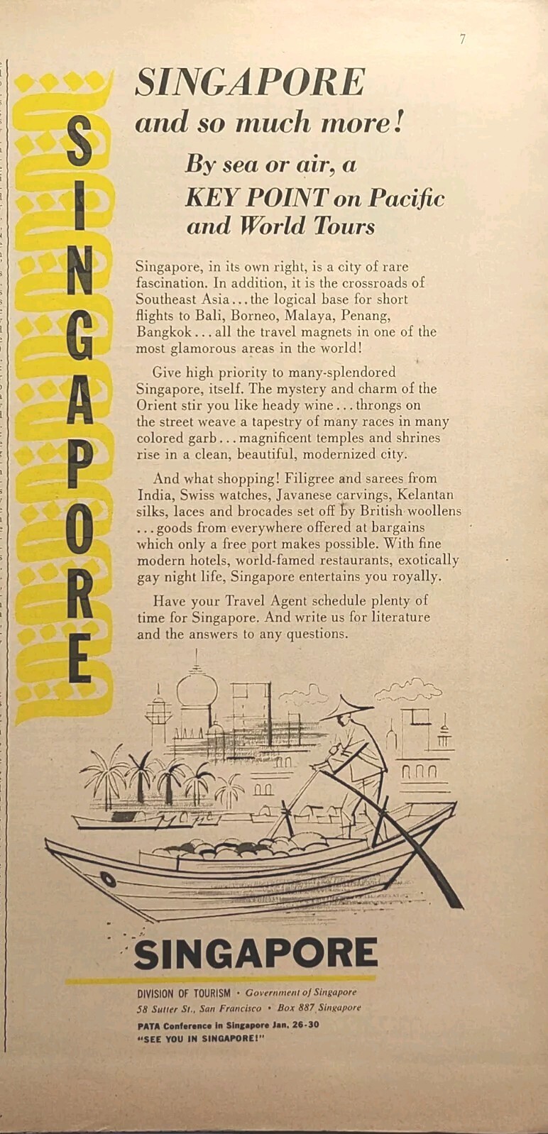 Singapore by Sea or Air a Key Point Sampan Palms Skyline Vintage Print Ad 1958