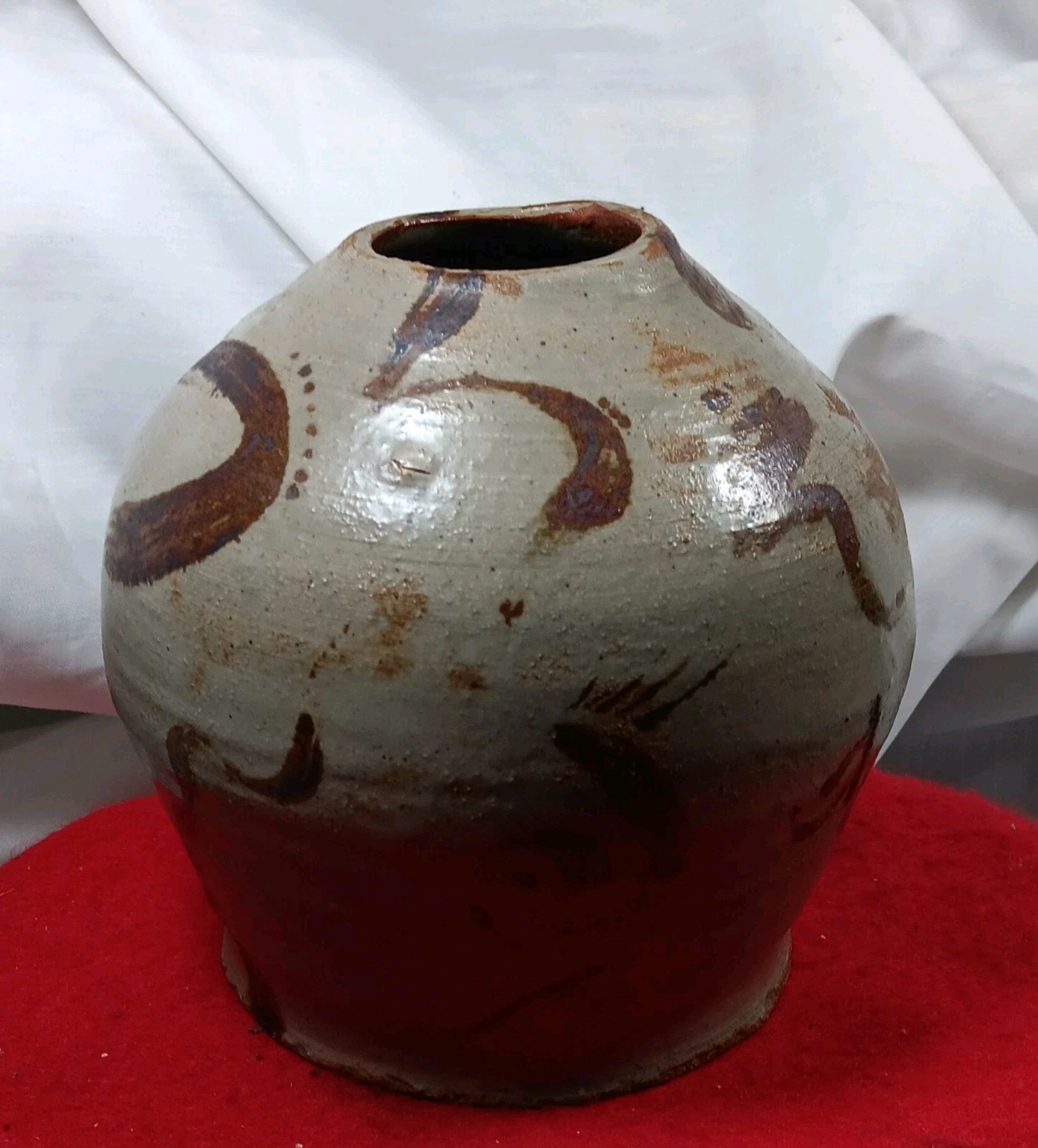 Gray Brown Abstract Ceramic Stoneware Round art Vase Glossy Glazed Finish Signed
