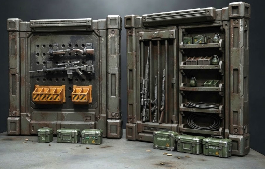 Modular Armory Wall Set 3D Printed Gray Weapon Rack Crates 1:12 Scale Diorama