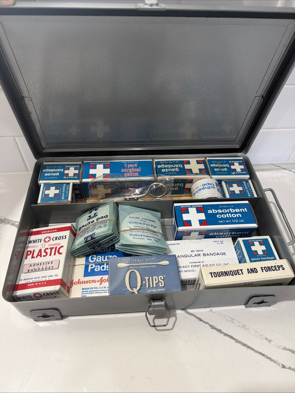 Vintage 1960s Metal First Aid Kit White Cross J&J Medical Supplies Unused