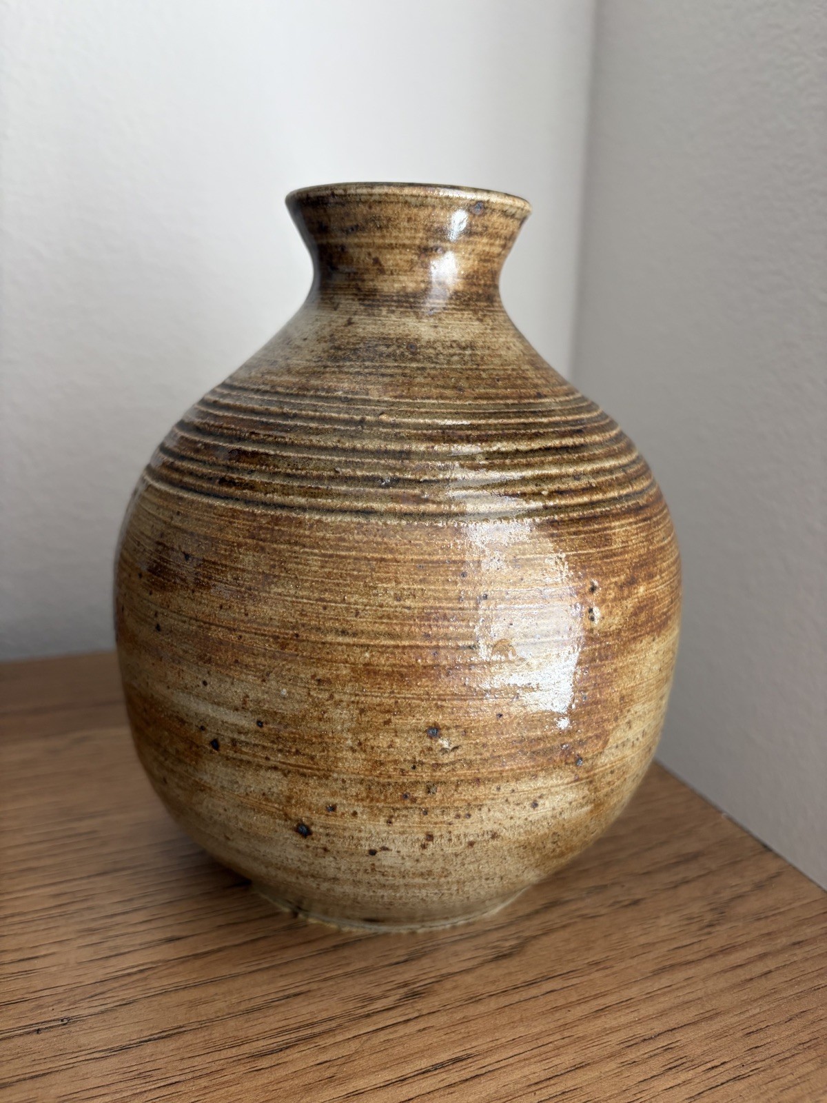 Vintage Studio Pottery Vase Signed Circled N Stoneware Ribbed Brown Glaze 7”