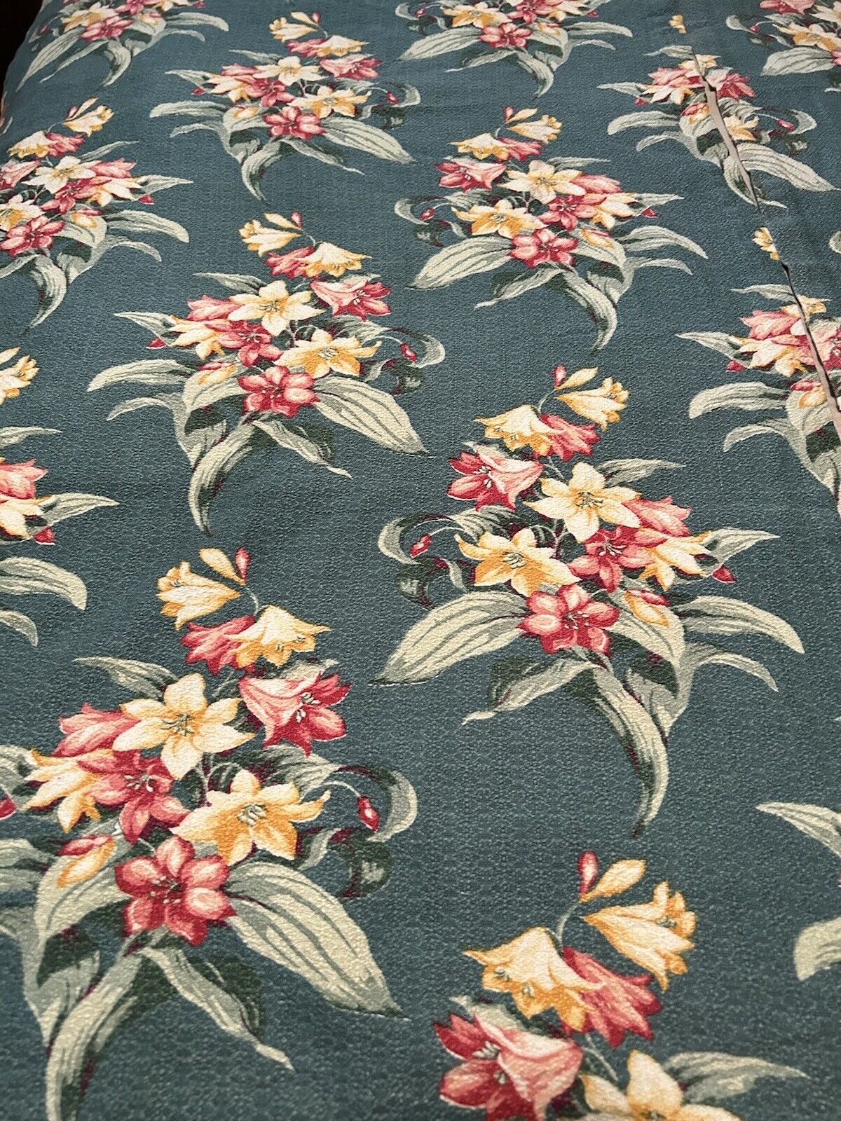 Vintage 1940’s Cotton Barkcloth Fabric Panel FLORAL Bouquet 1930’s Leaf Green #2