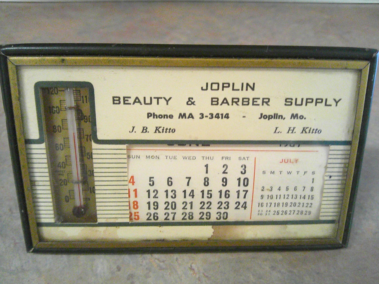 VINTAGE JOPLIN MISSOURI BEAUTY & BARBER SUPPLY DESKTOP THERMOMETER & CALENDAR