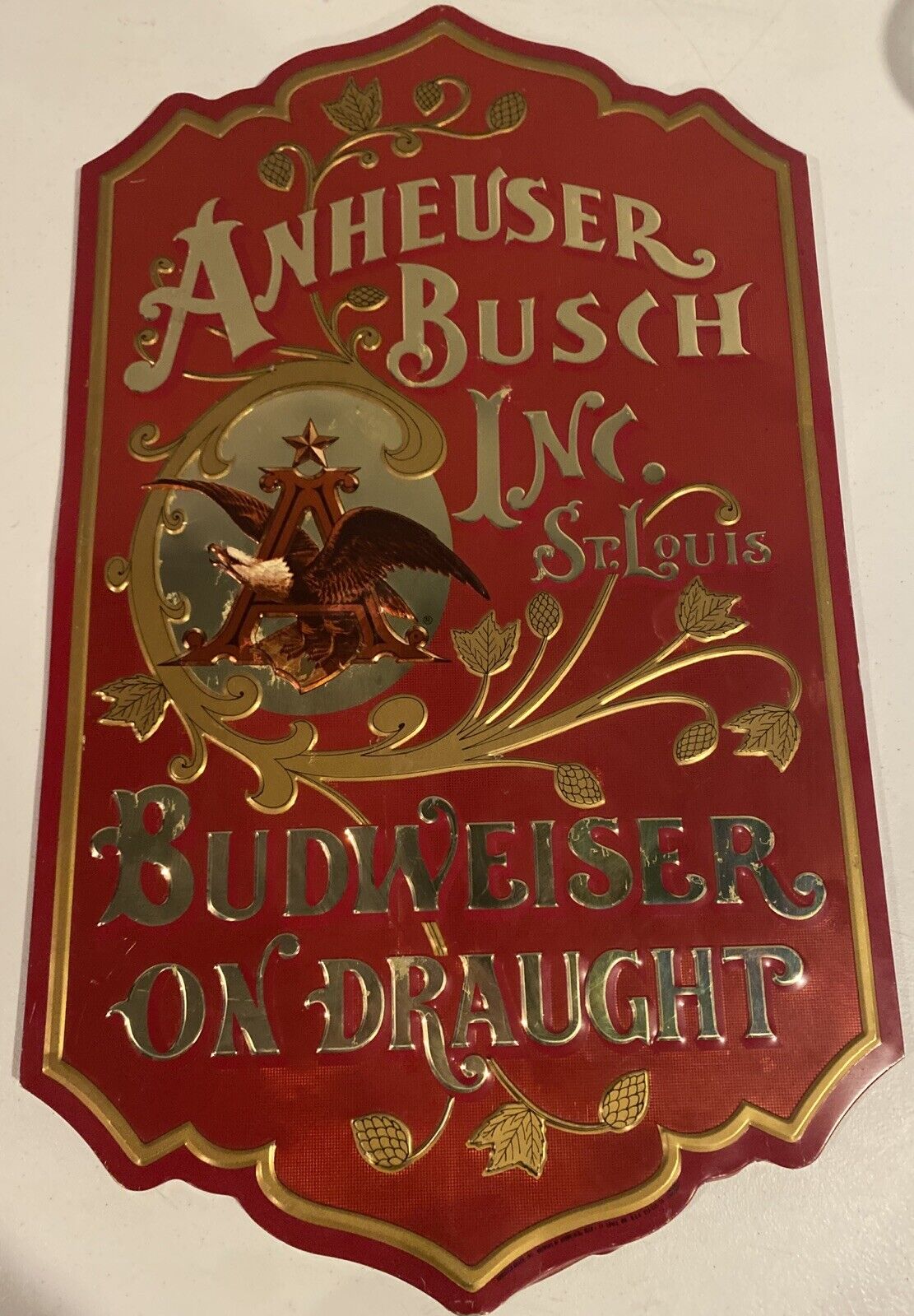 Vintage Original Anheuser Busch St Louis Budweiser Draught Embossed Metal Sign