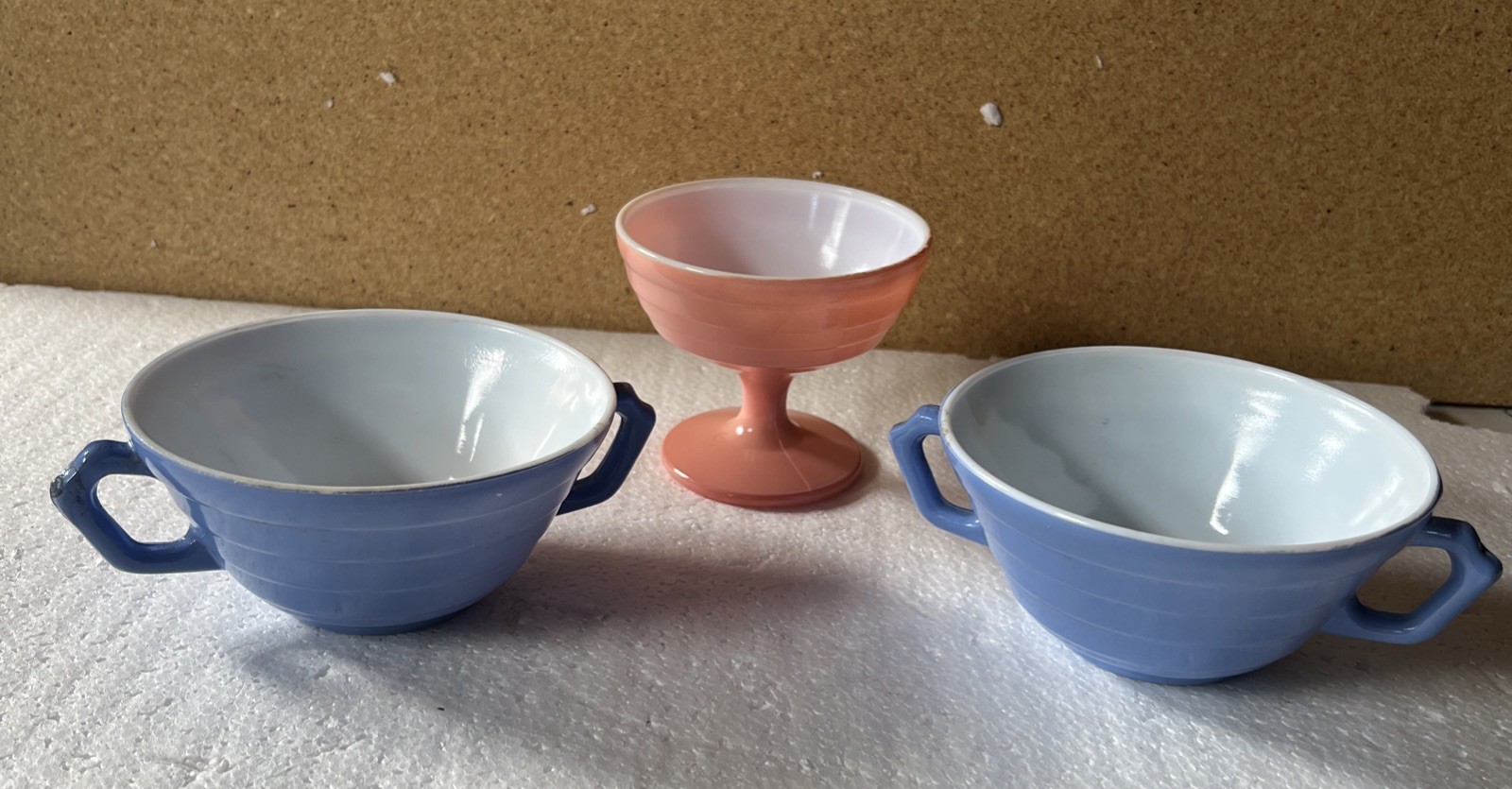 2 Hazel Atlas Moderntone Platonite Blue Two Handled Bowls & 1 Pink Sherbet Bowl