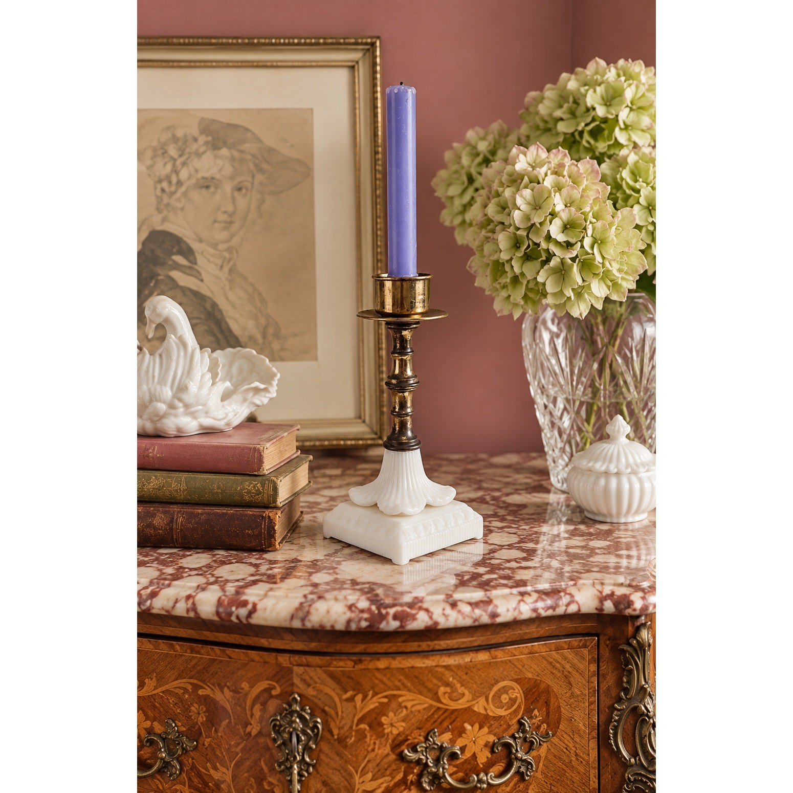 Brass White Glass Candlestick Holder Coquette Regency Romantic Decor