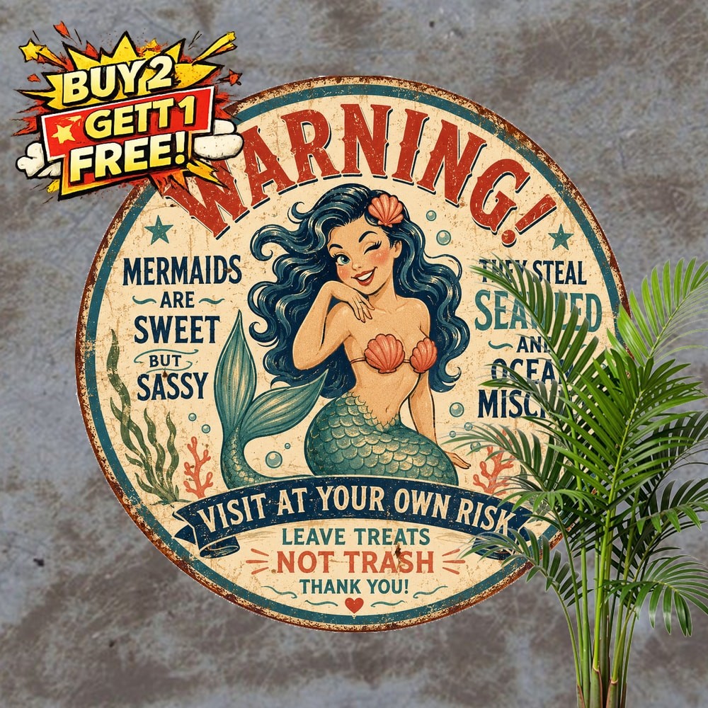 Humorous Mermaid Theme Round Metal Sign Vintage Ocean Beach House Tin Plaque