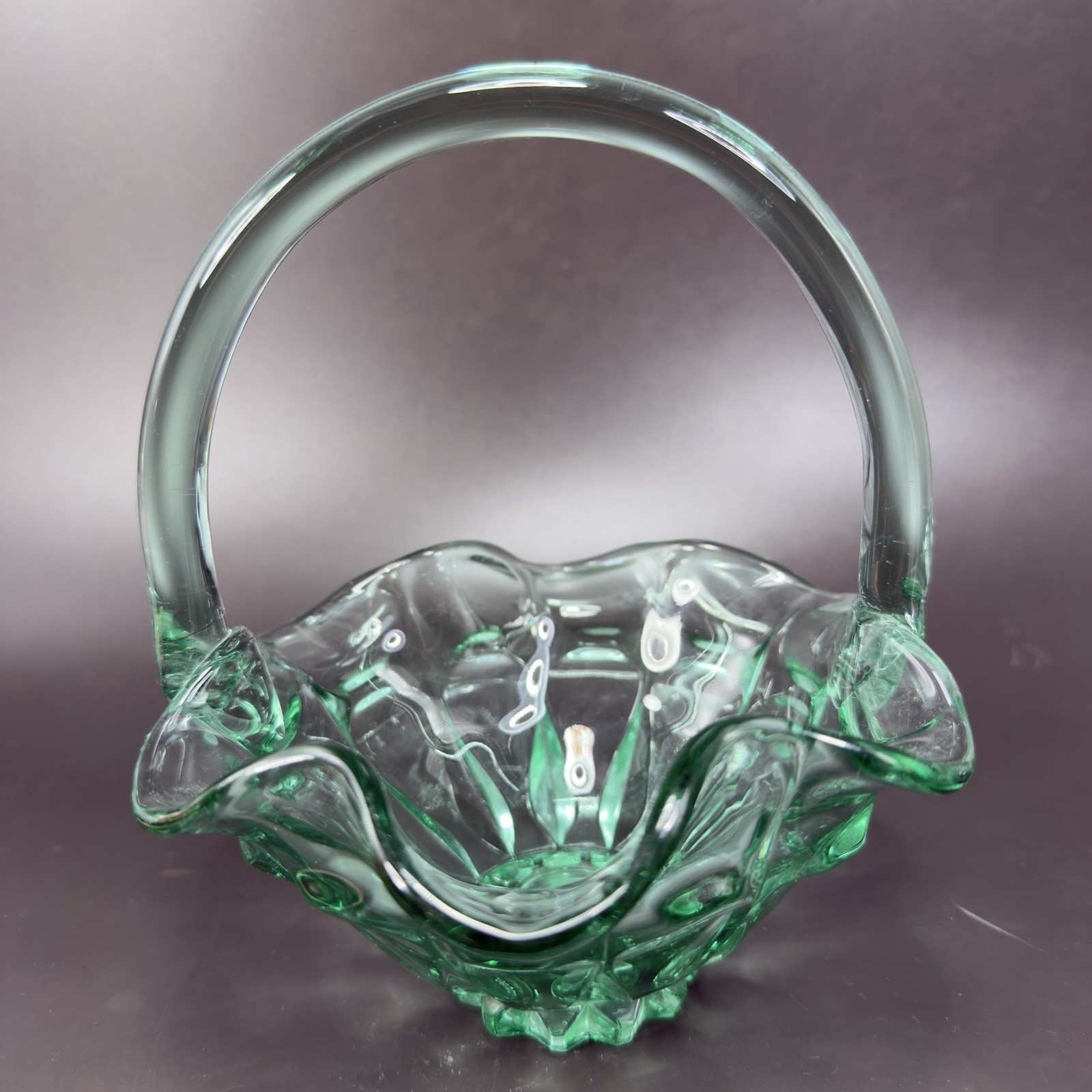 Vintage 1990s Fenton Sea Mist Green Glass Basket Ruffle Edge Bowl W Handle VTG