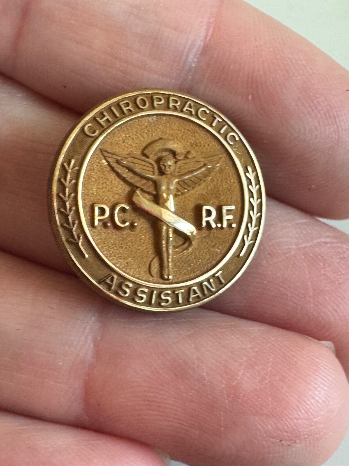Chiropractic Assistant PC R.F. Bronze Lapel Pin Caduceus Medical GF Vintage