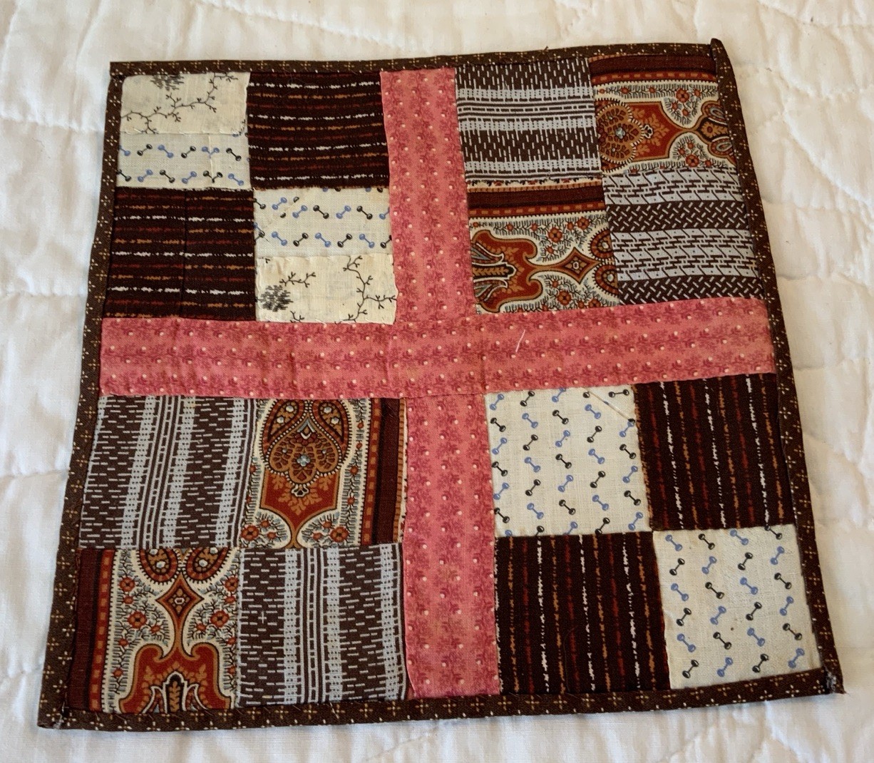 Antique Patchwork Quilt Table Topper, Late 1800’s, Four Patch, Early Calicos