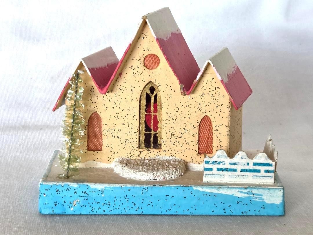 Charming Vintage CHRISTMAS Pink/Yellow PUTZ Cottage House, Japan, #8