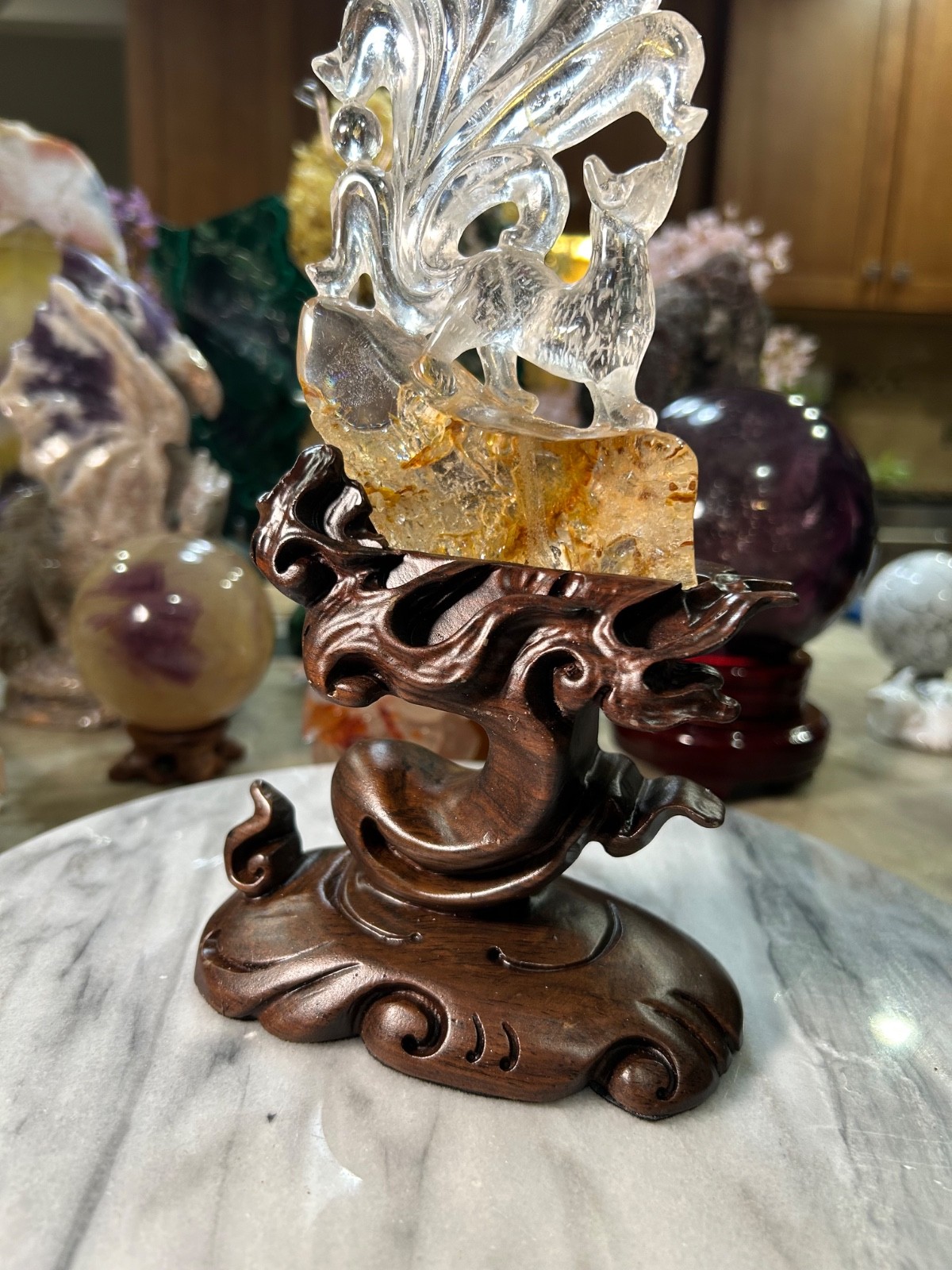 9 nine tail Fox golden healer quartz carving on custom sandalwood stand 9 nine tail Fox golden healer quartz carving on custom sandalwood stand