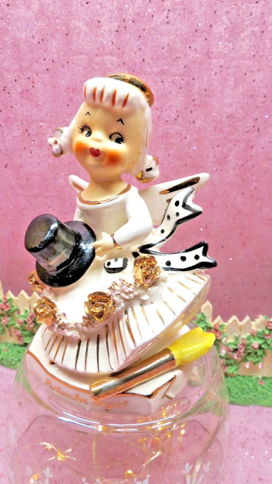 Vtg  RARE TMJ November Angel With Witches Hat Broom ROSES Striped Sash Bow Dress