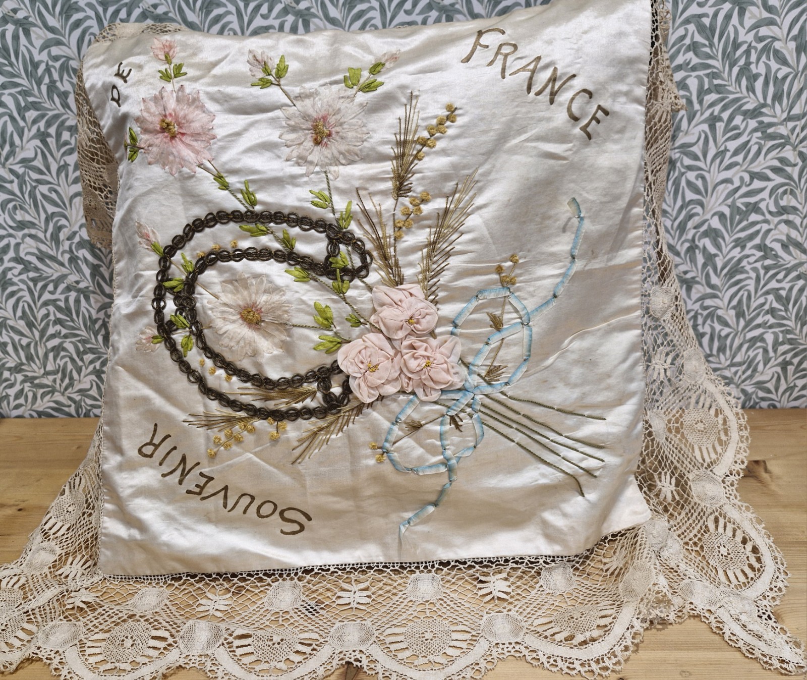 Antique cushion cover WW1 era souvenir de France silk ribbonwork hand embroidery
