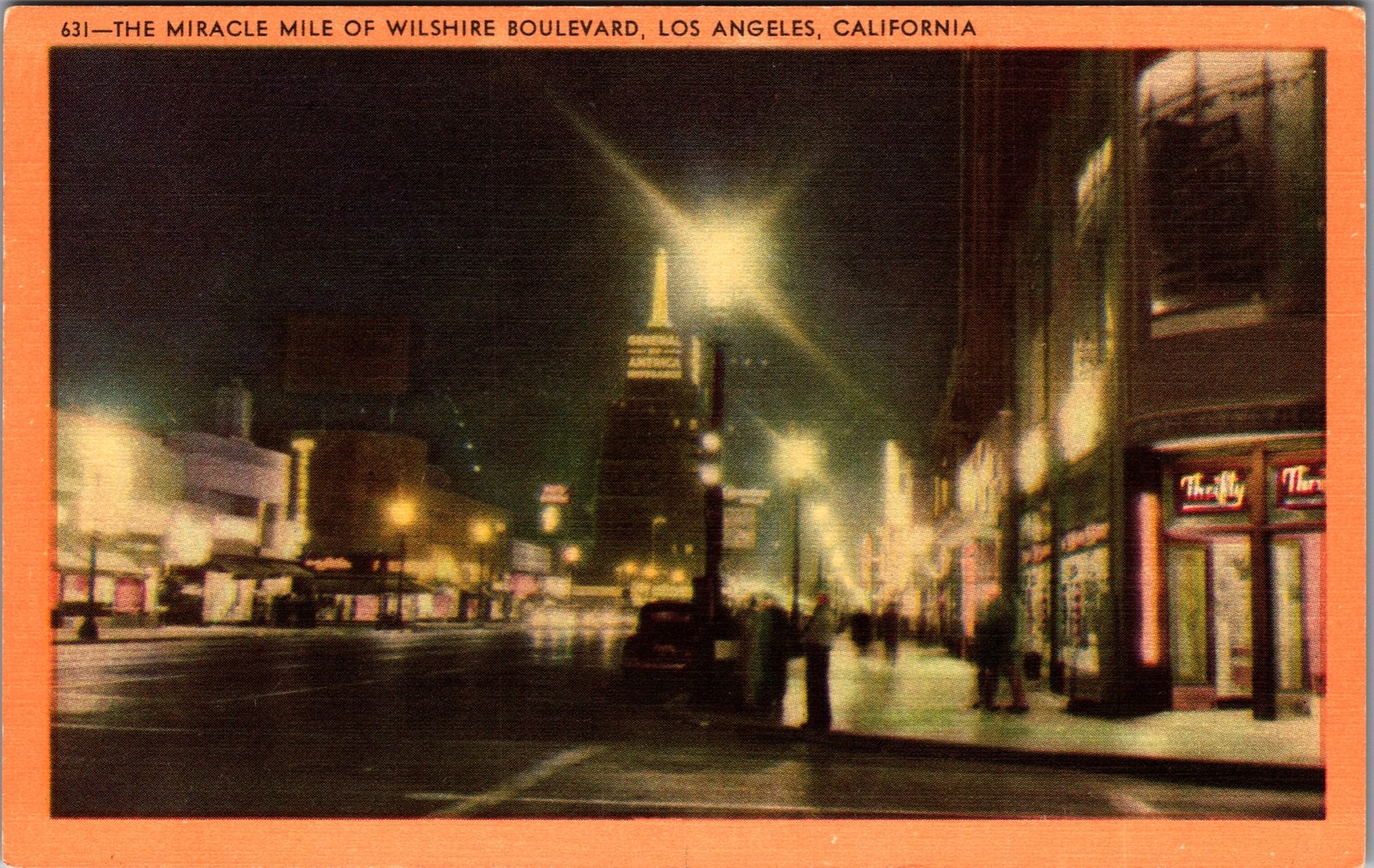 1940s Miracle Mile Wilshire Blvd Los Angeles California Night View Postcard