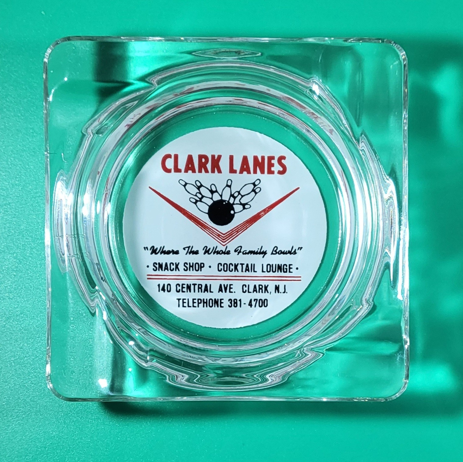 Vintage Clark Lanes Bowling Advertising Glass Ashtray Clark, New Jersey HTF NJ