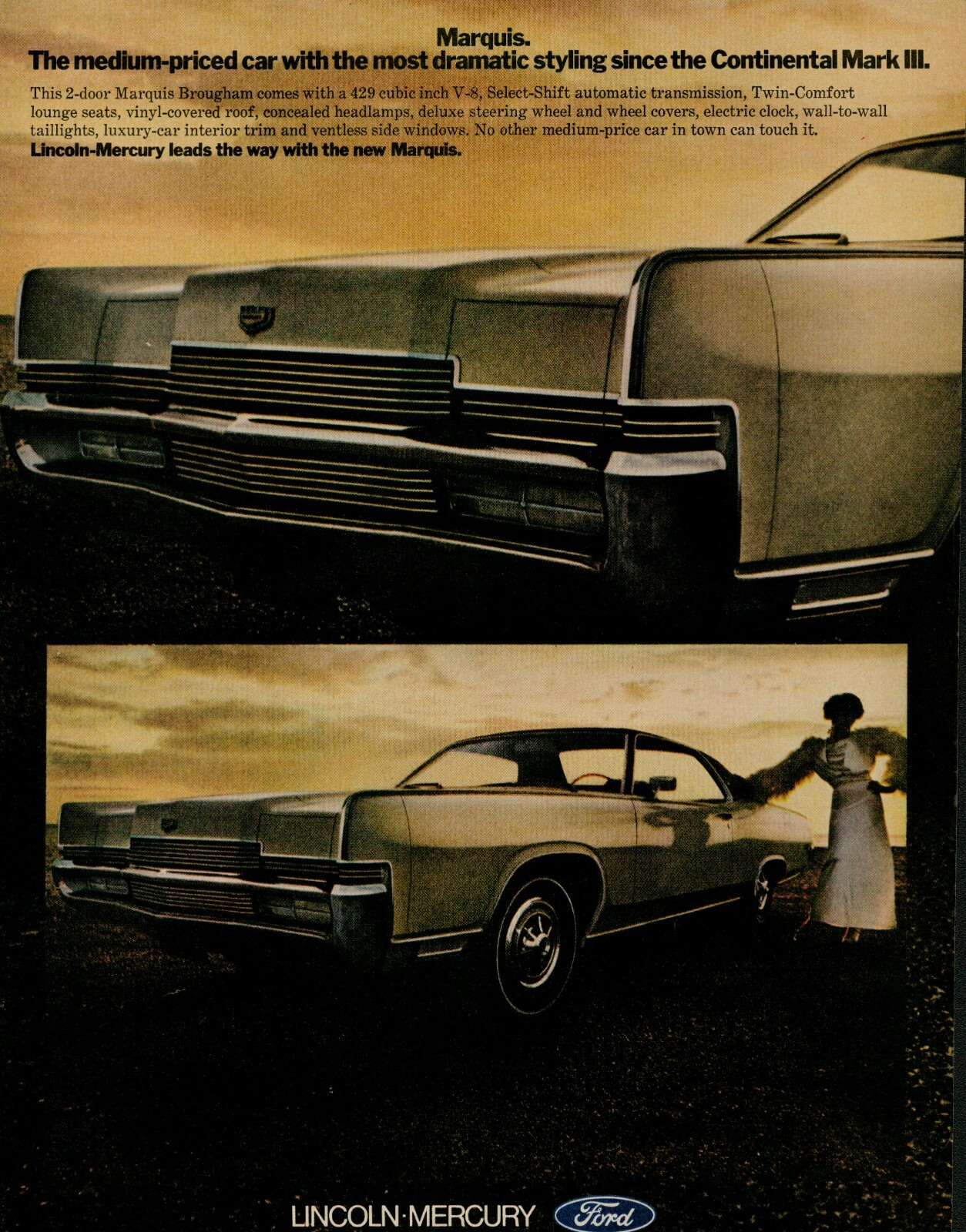 1969 FORD LINCOLN MERCURY Marquis Continental Mark III Dramatic Vintage Print Ad