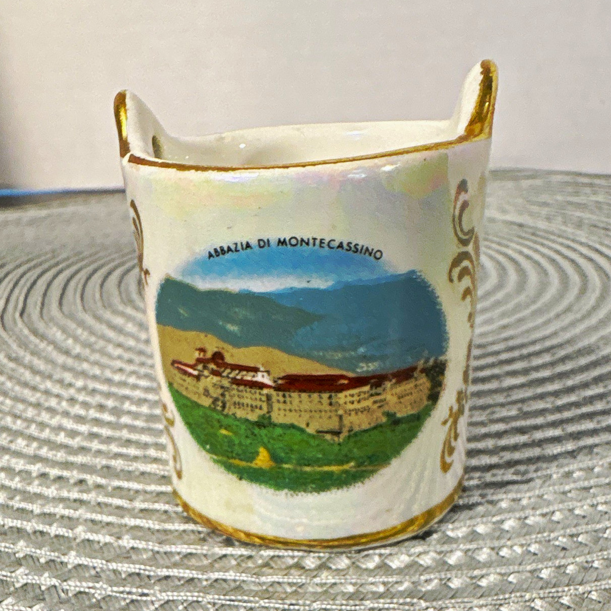 Antique Porcelain Match Striker Holder Abbazia di Montecassino Lustre Sandpaper
