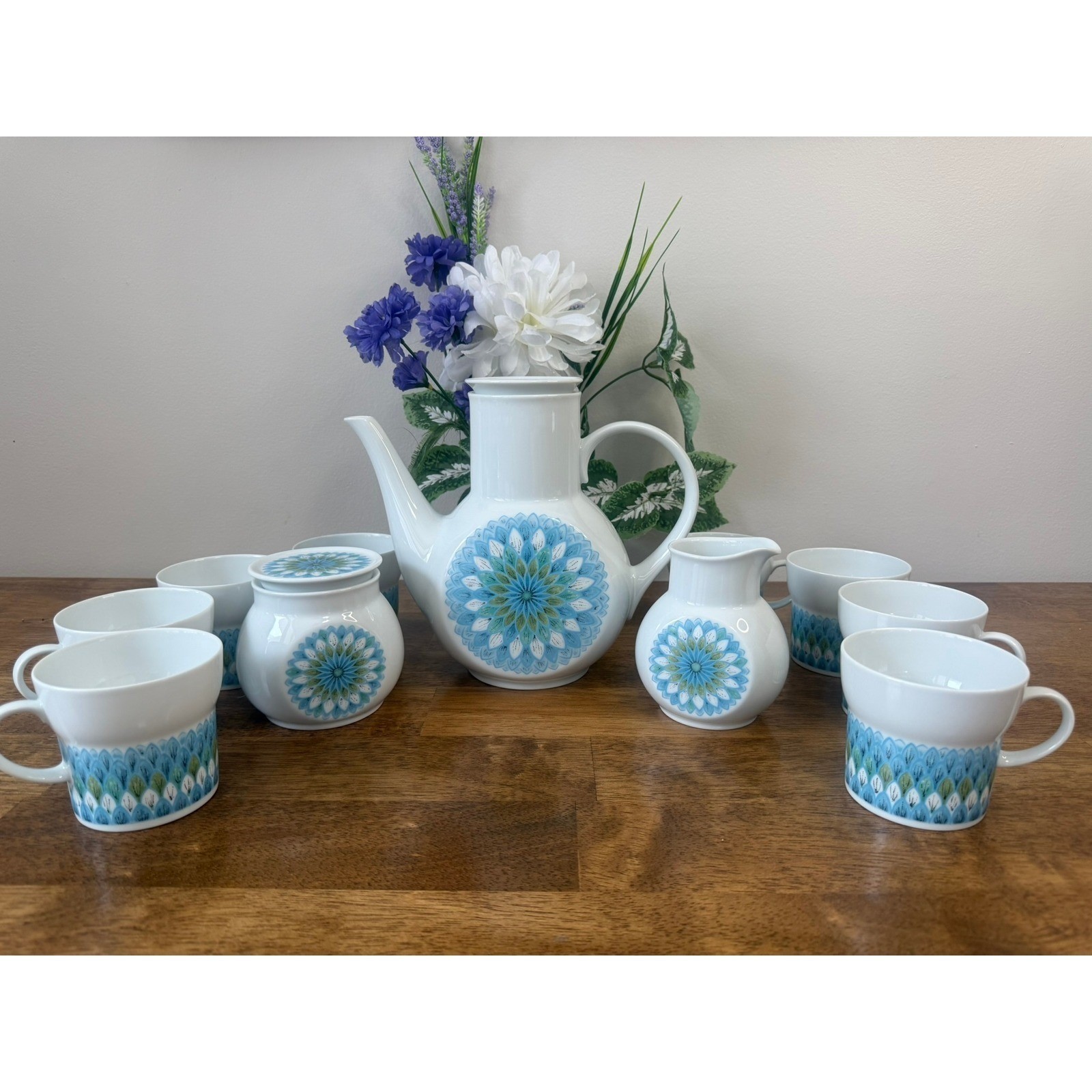 Vintage Noritake Younger Image Bahama Coffee Tea Set Japan MCM Blue Green