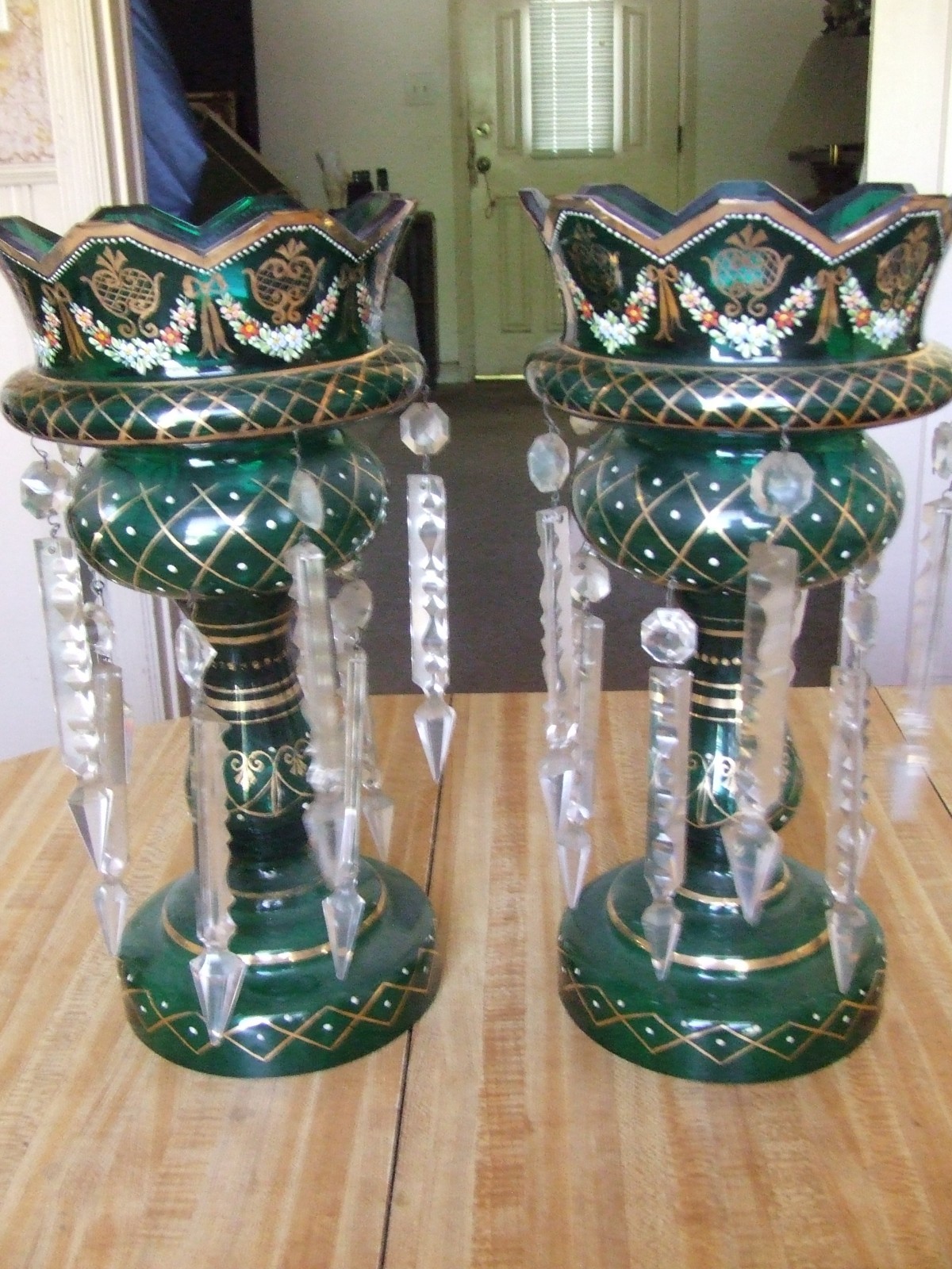 Pair of Antique Victorian Emerald Green Art Glass Mantle Lusters with Prisms