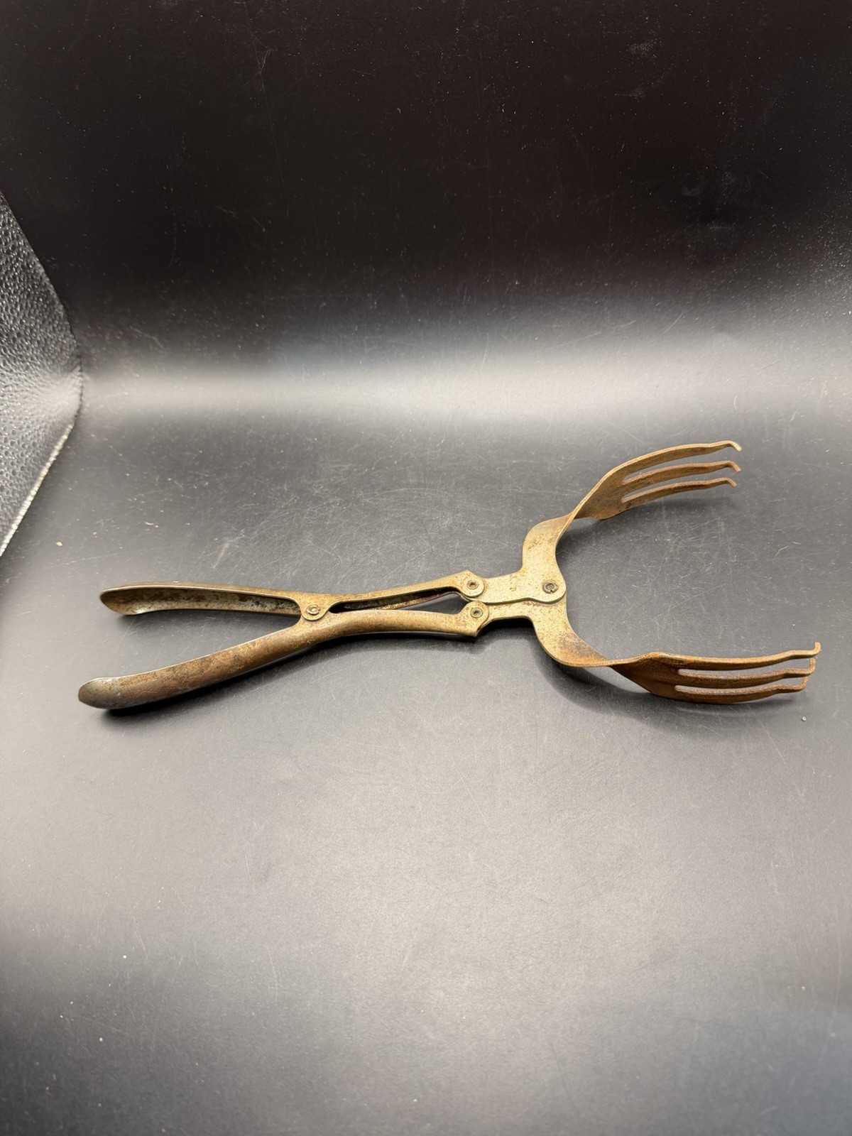 Antique Vintage Scissor Action Meat Serving Tongs Fork Tines Brass Metal 