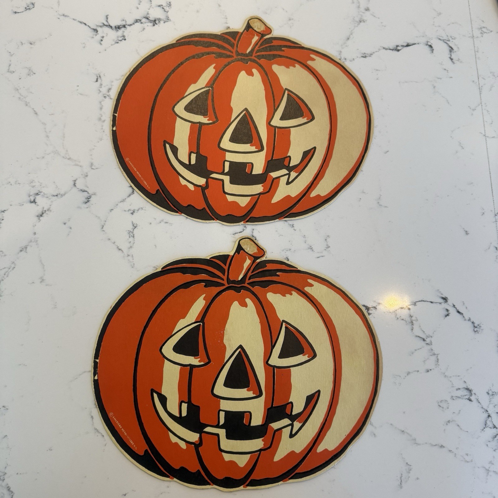 2 Vtg Halloween 1960s American Merri Lei Die Cut Jack-O-Lantern Pumpkin 10” X 9”