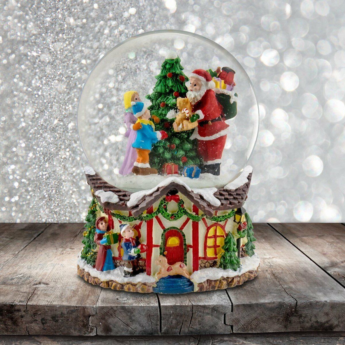 Santa with Teddy Bear and Family Snow Globe San Francisco Music Box
