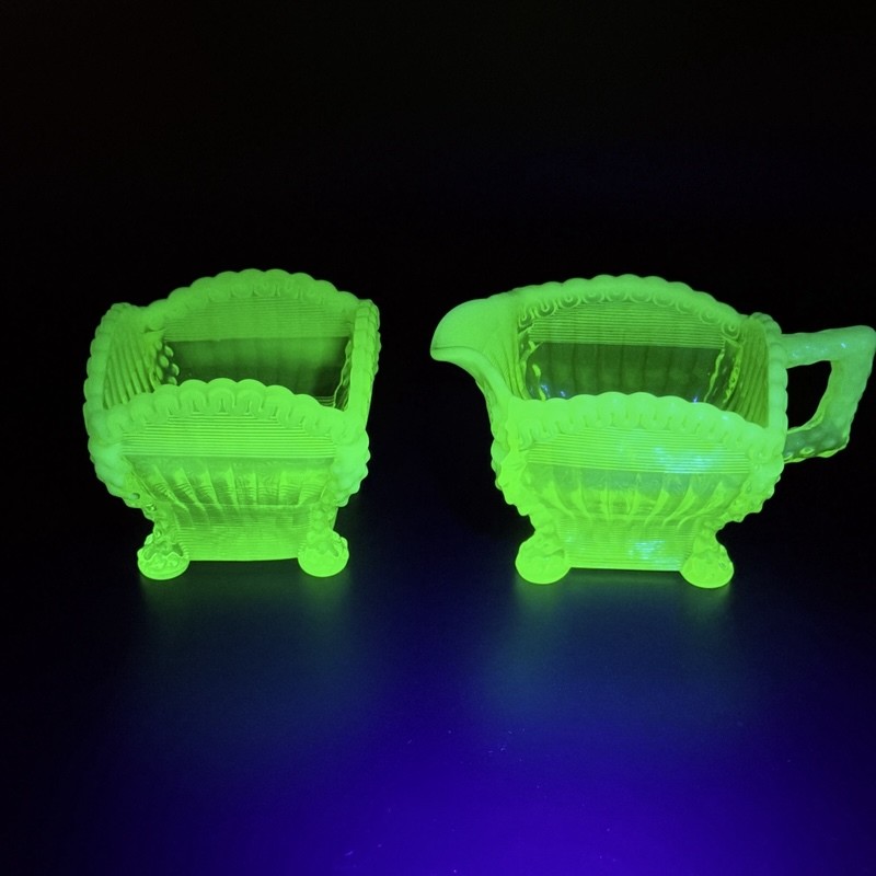 NORTHWOOD VASELINE OPALESCENT ALASKA DECORATED CREAMER & SPOONER LATE 1800'S NORTHWOOD VASELINE OPALESCENT ALASKA DECORATED CREAMER & SPOONER LATE 1800'S