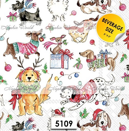 (5109) TWO Paper BEVERAGE / COCKTAIL Decoupage Art Craft Napkins  DOGS CHRISTMAS