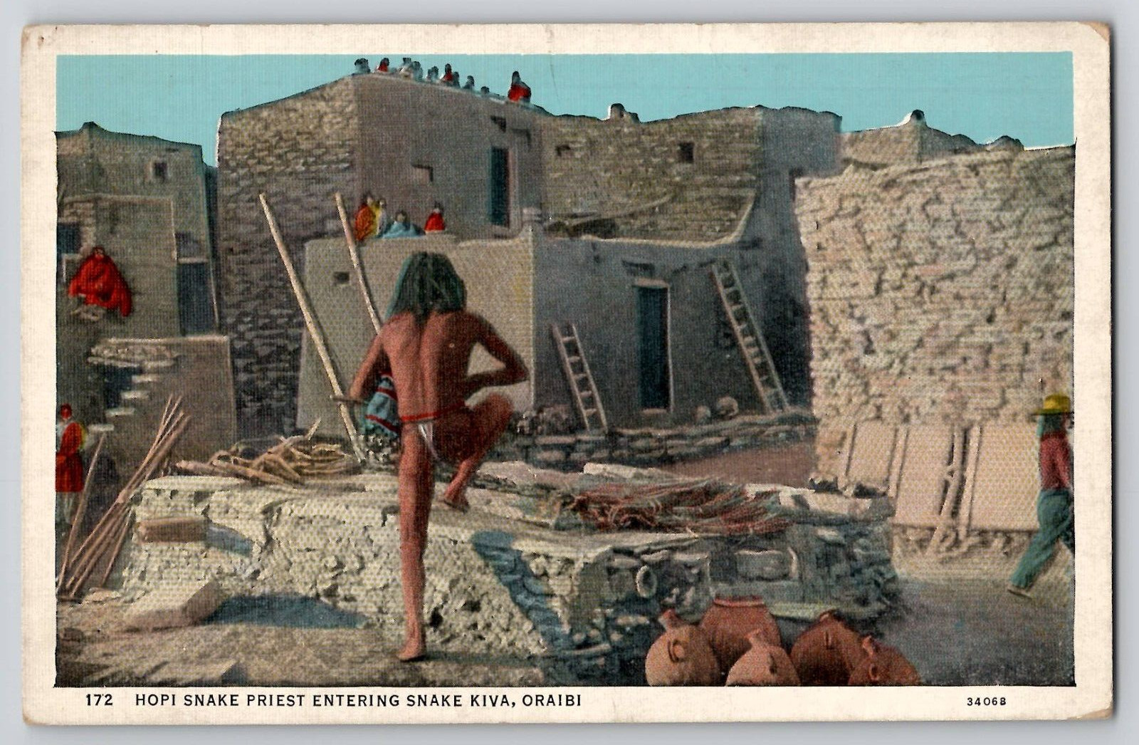 Indian Hopi Snake Priest Entering Kiva Oraibi Arizona Linen Postcard c1940's