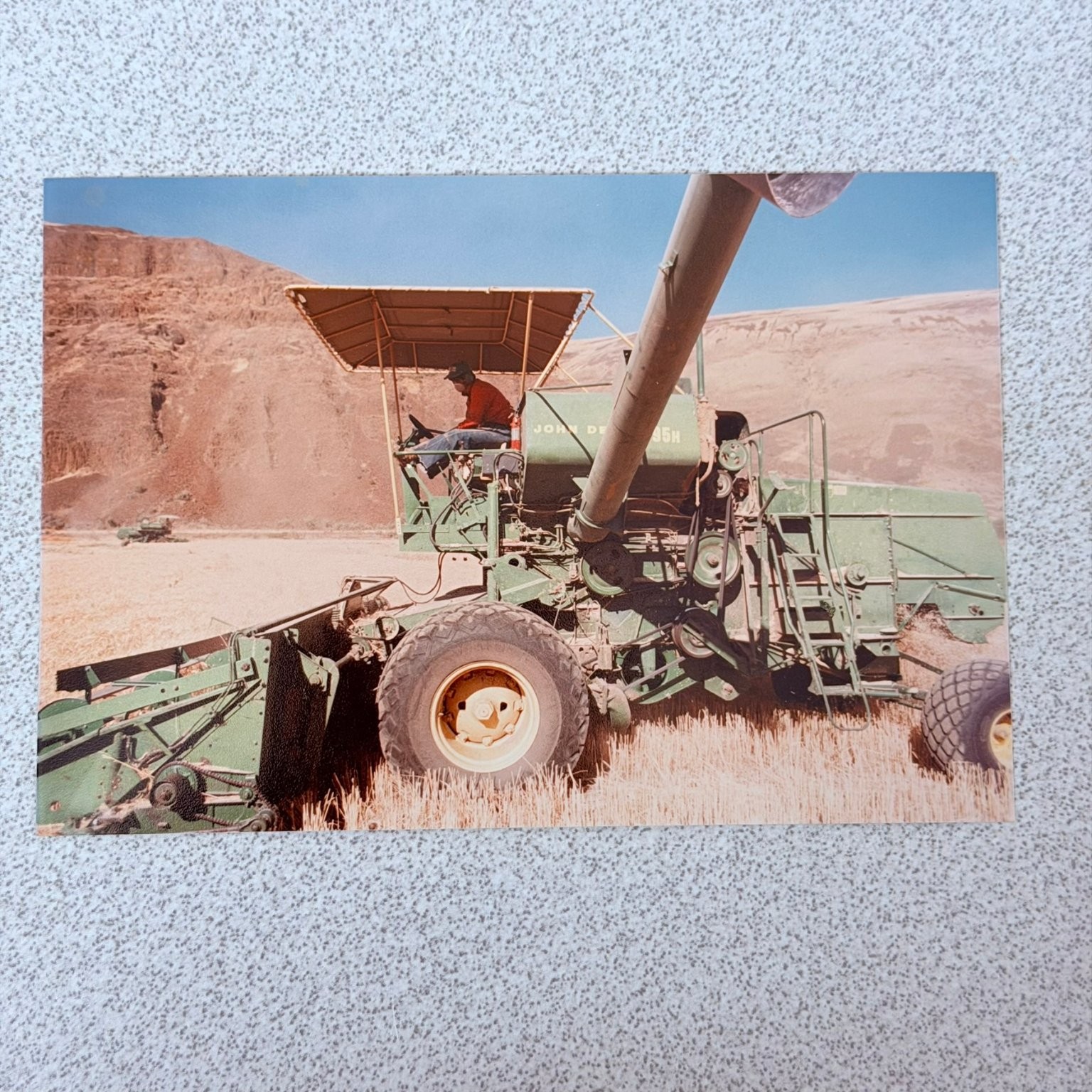 Vintage Man John Deere Combine Harvester Snapshot Photograph Farm Work 1970s