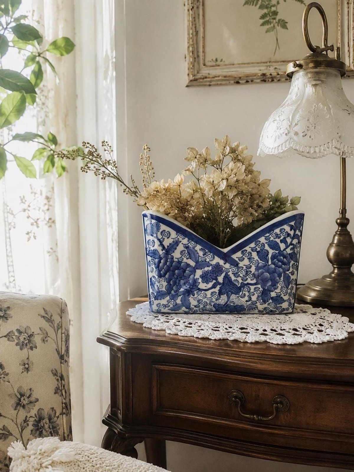 Vintage Blue White Chinoiserie Vase | Ceramic Envelope Letter Holder