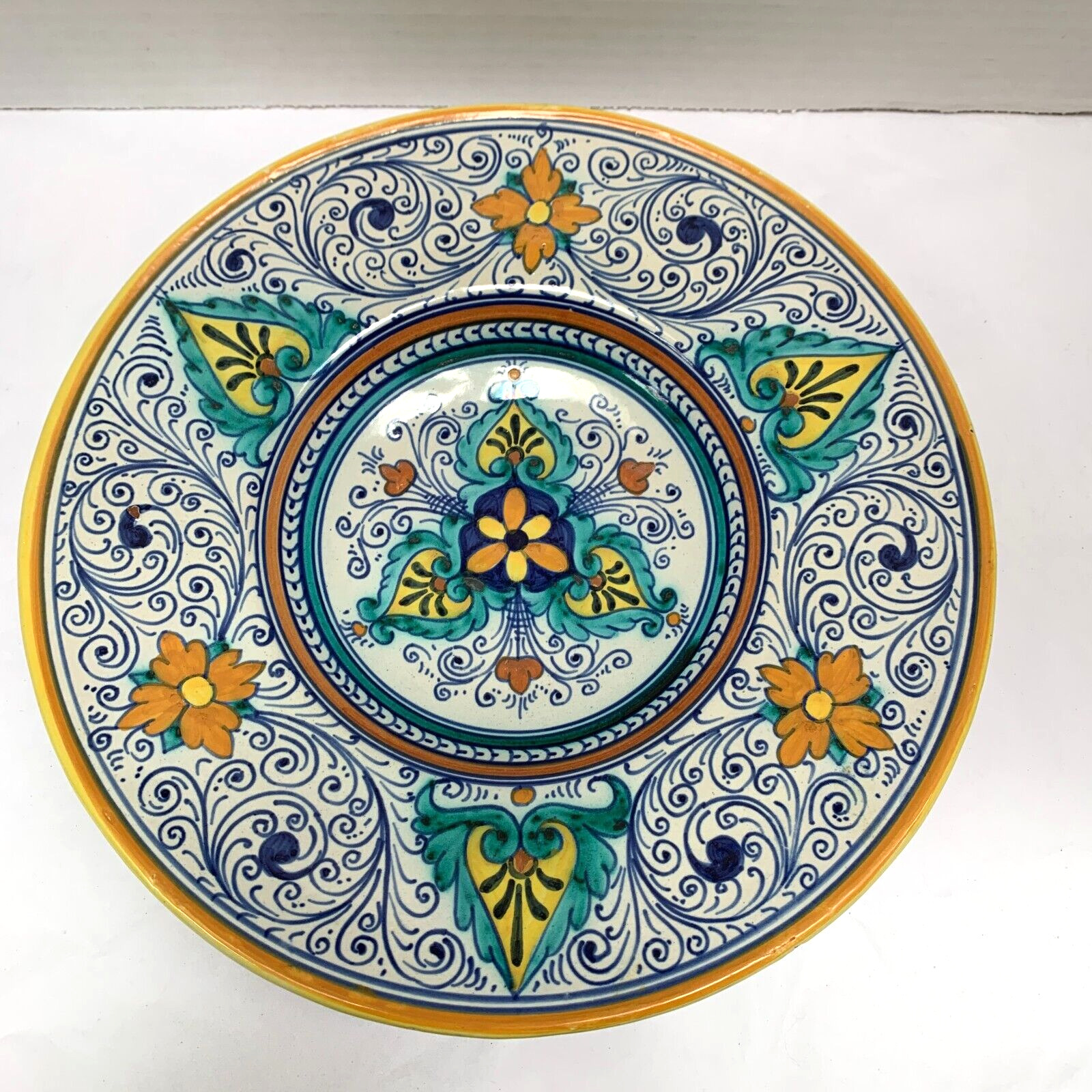 Deruta Hand Painted Pottery Plate Italy Wall Hanging Turquoise Yellow 836 9.5\