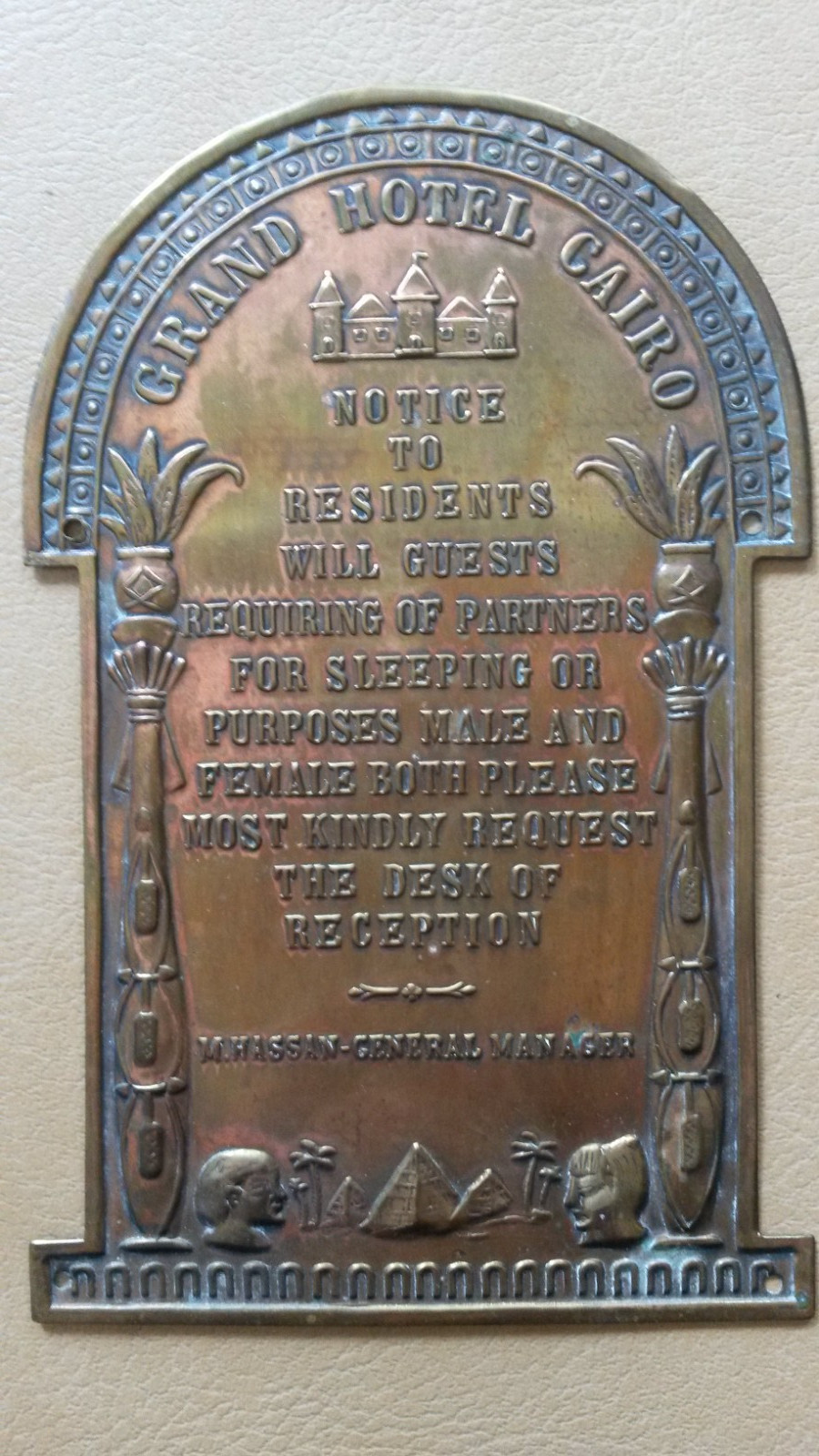 Grand Hotel Cairo Egypt Vintage Sign Plaque Notice To Residents Partners Brass
