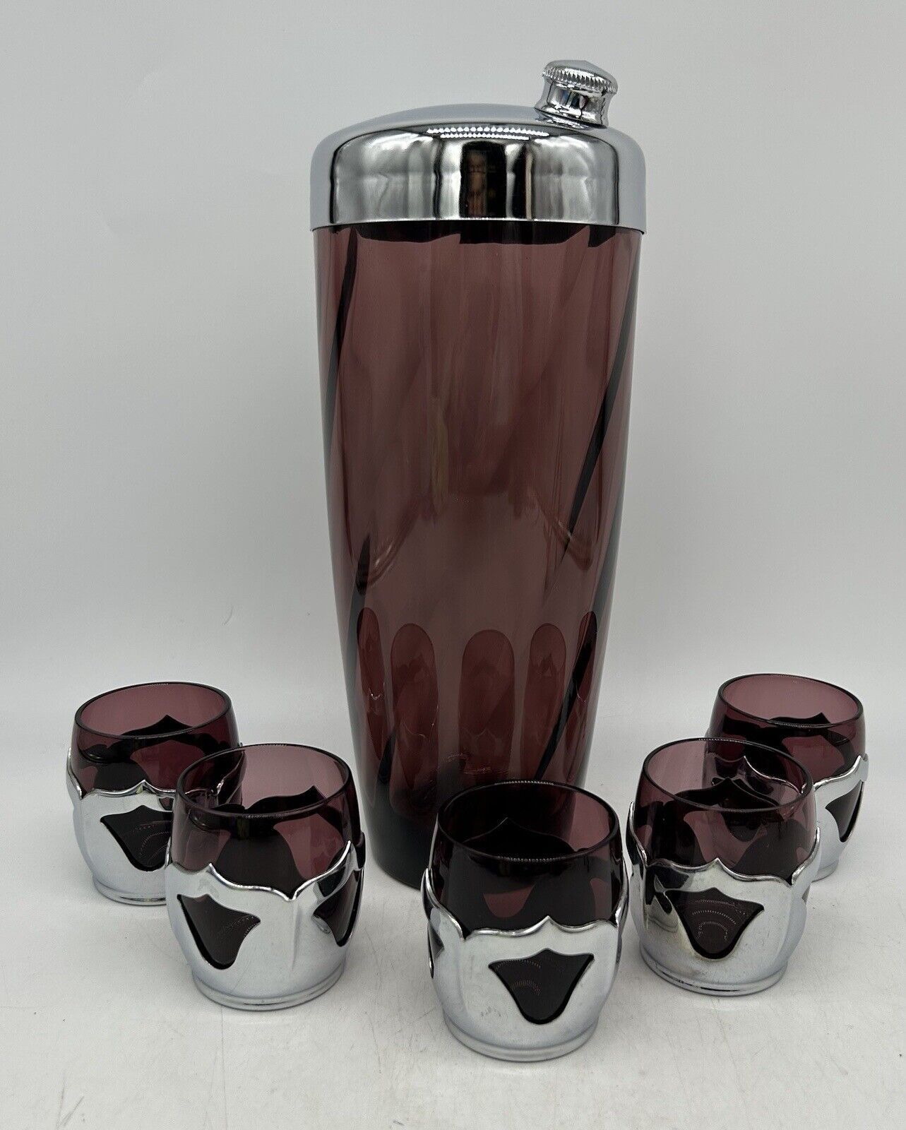 Farber Bros Amethyst Cups w/ Chrome Glass Shaker Hazel Atlas Moroccan Swirl