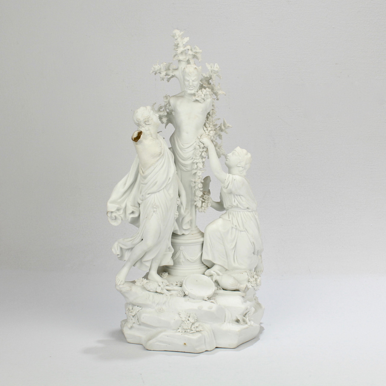 Antique 18 C Derby Bisquit Porcelain Figurine of 2 Bacchantes Adorning Pan
