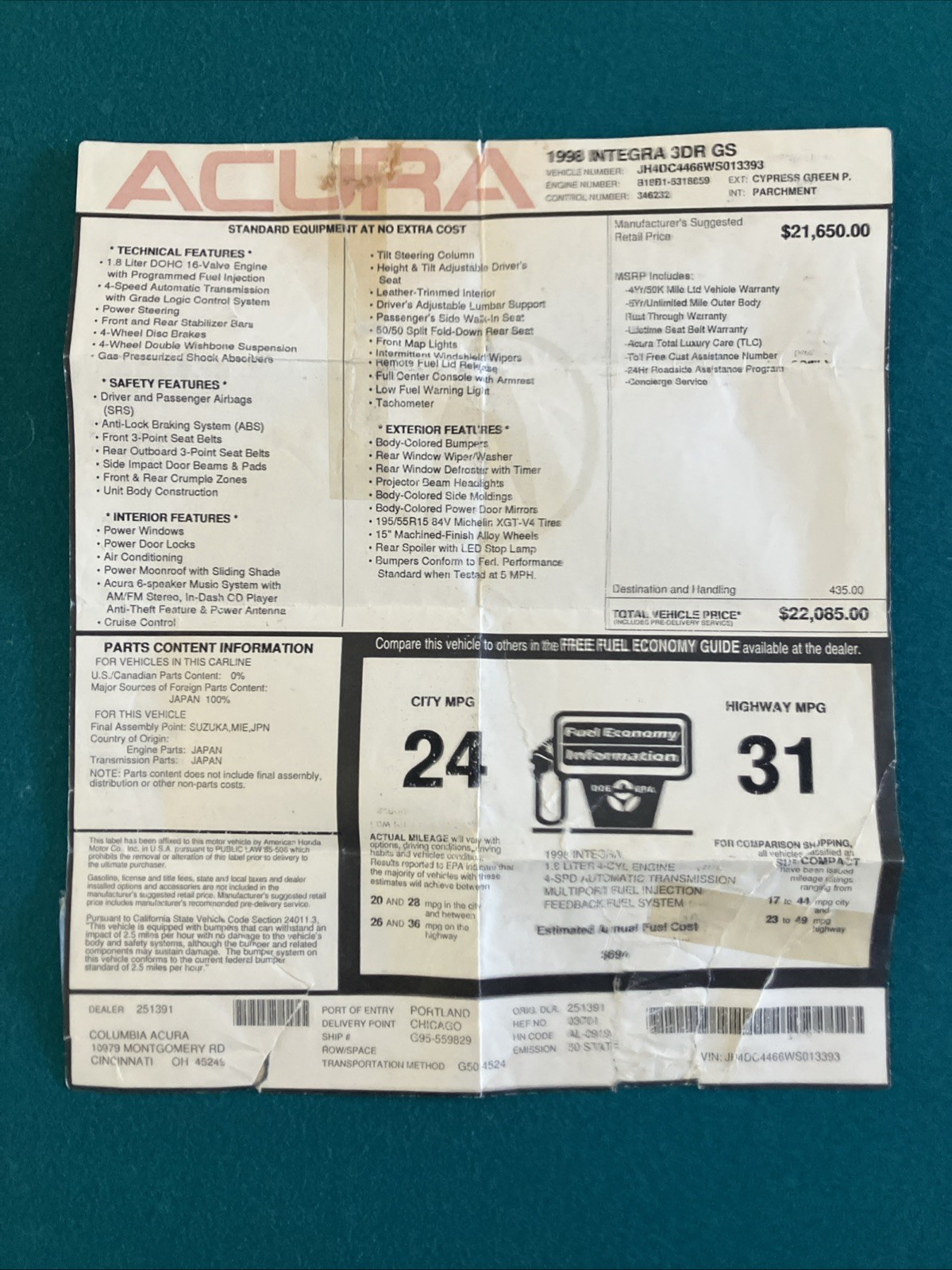 1998 Acura Vintage Window Sticker