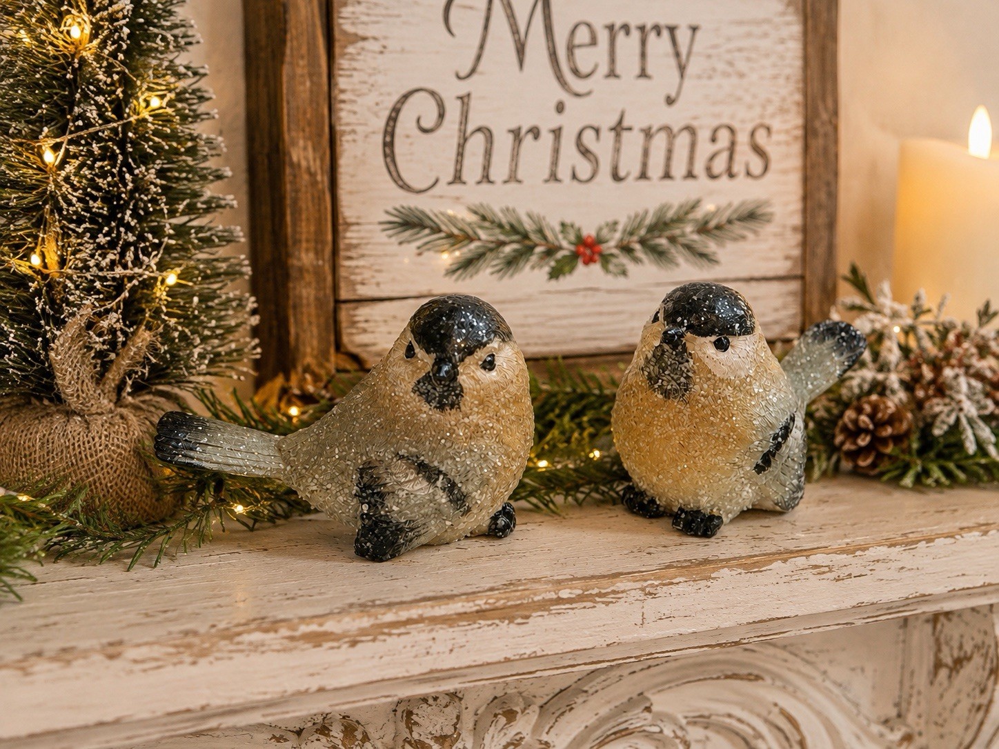 2 Vintage Style Chickadee Bird Figurines Glitter Dusted Snowy Birds Resin Statue