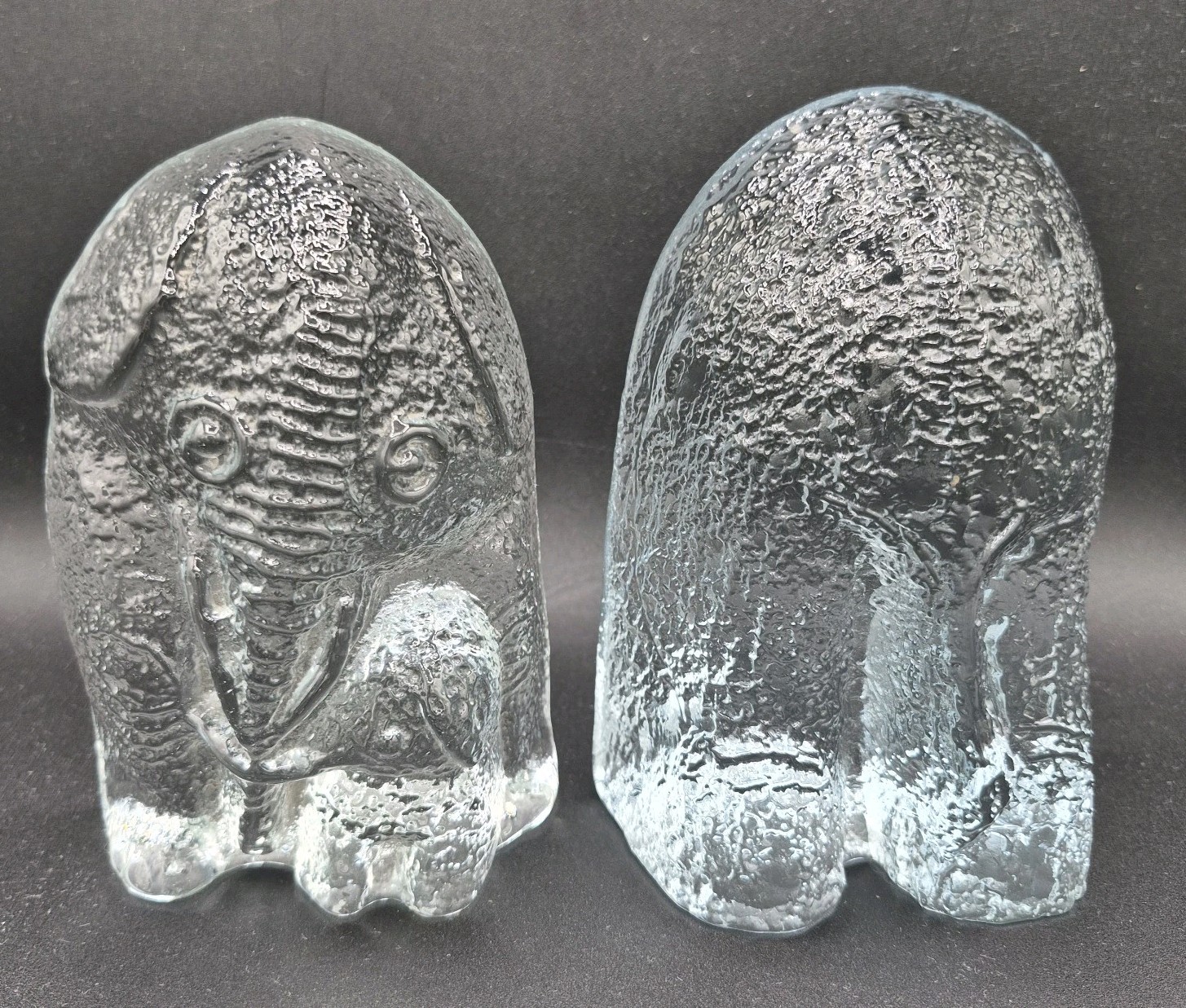 VTG Blenko Glass Elephant Bookends Ice Floe Mother Baby Calf Butt Don Shepherd