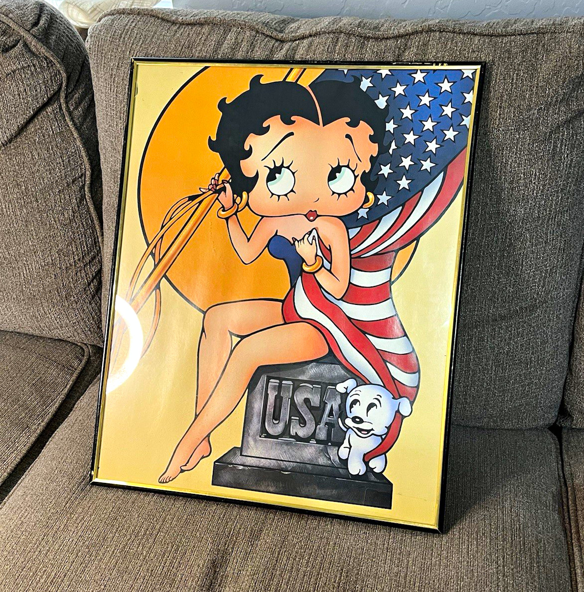 Vintage Betty Boop Framed USA Patriotic Poster Print Wall Art, Single Piece