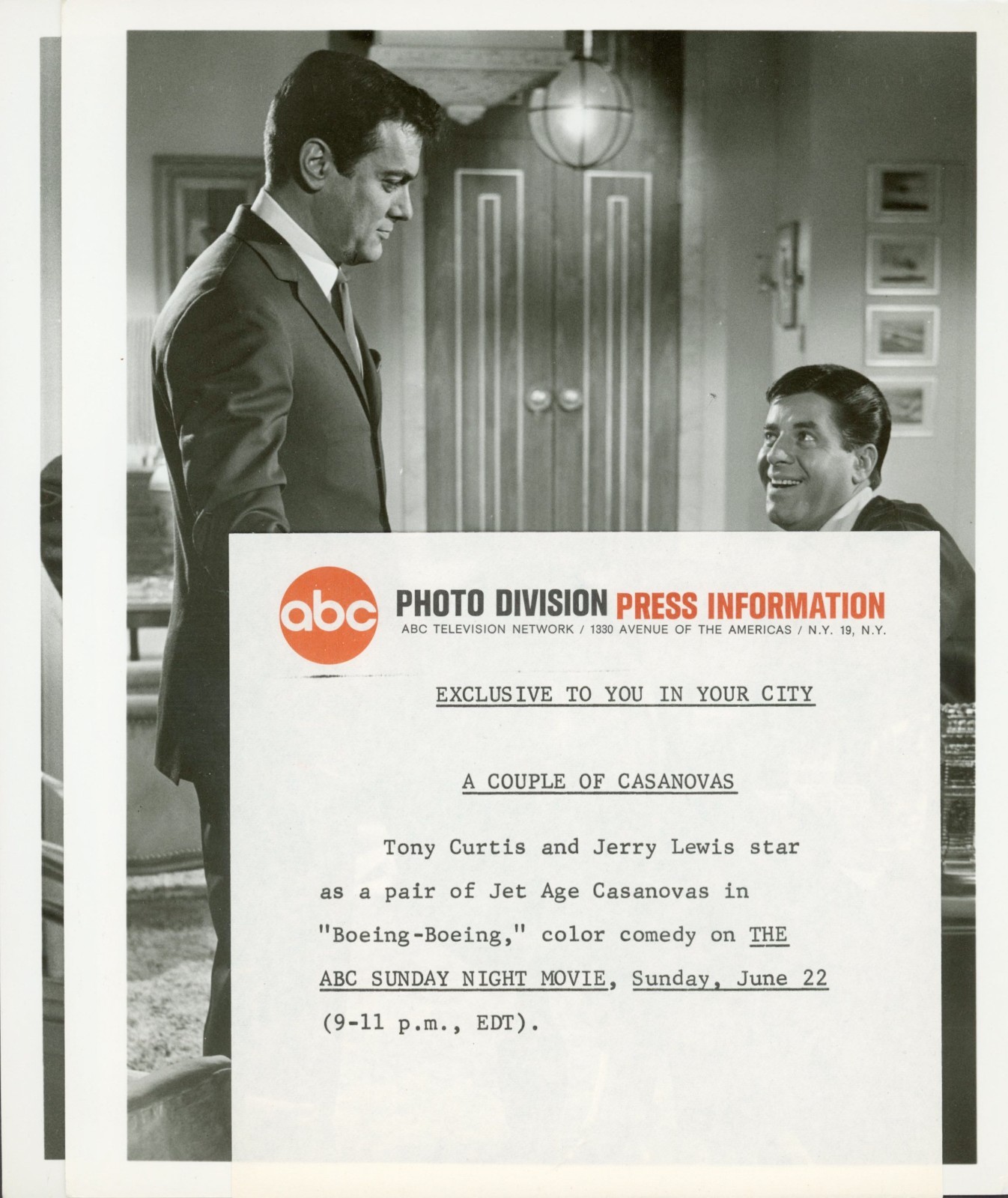 1969 Pair of ABC TV Original Press Photos Jerry Lewis Tony Curtis Boeing-Boeing