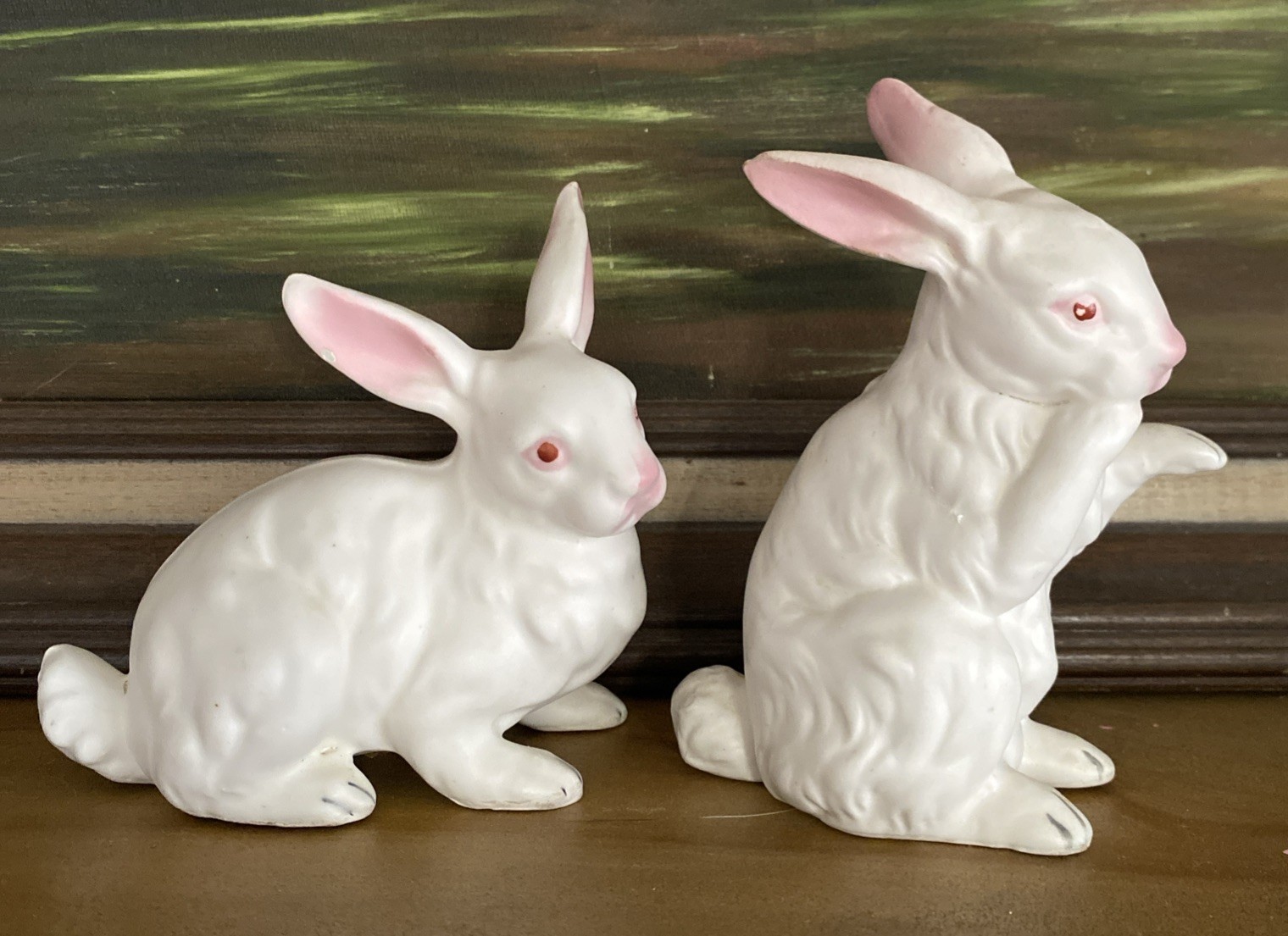 2 Vtg. PINK + WHITE Hand Painted Ceramic Bunny Rabbit Figurines NAPCOWARE, JAPAN